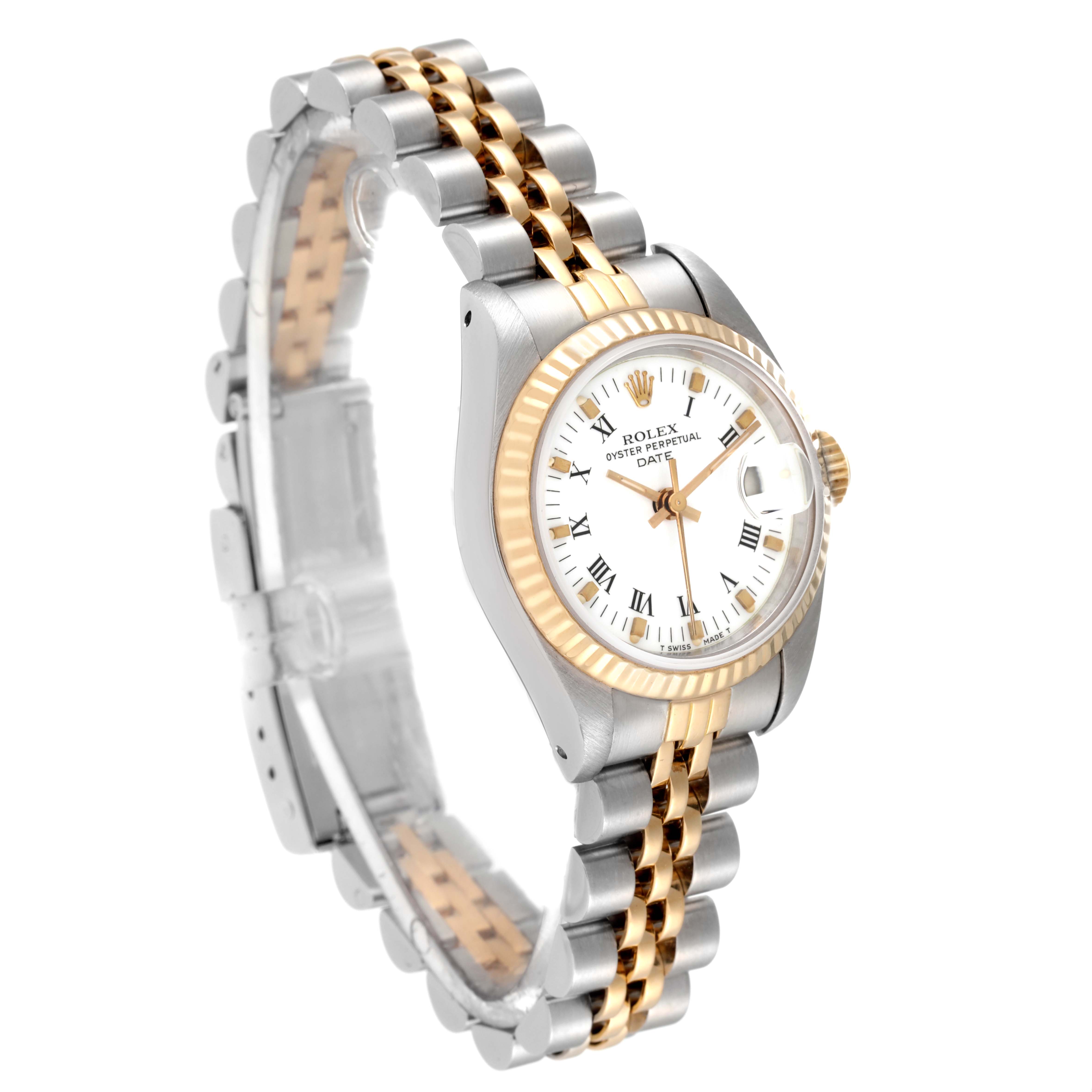 This image shows a Rolex Datejust 69173 Women's Steel and Gold (two tone) White Dial 69173 Women's Steel and Gold (two tone) White Dial watch at a three-quarter angle, highlighting the bracelet, case, and watch face.
