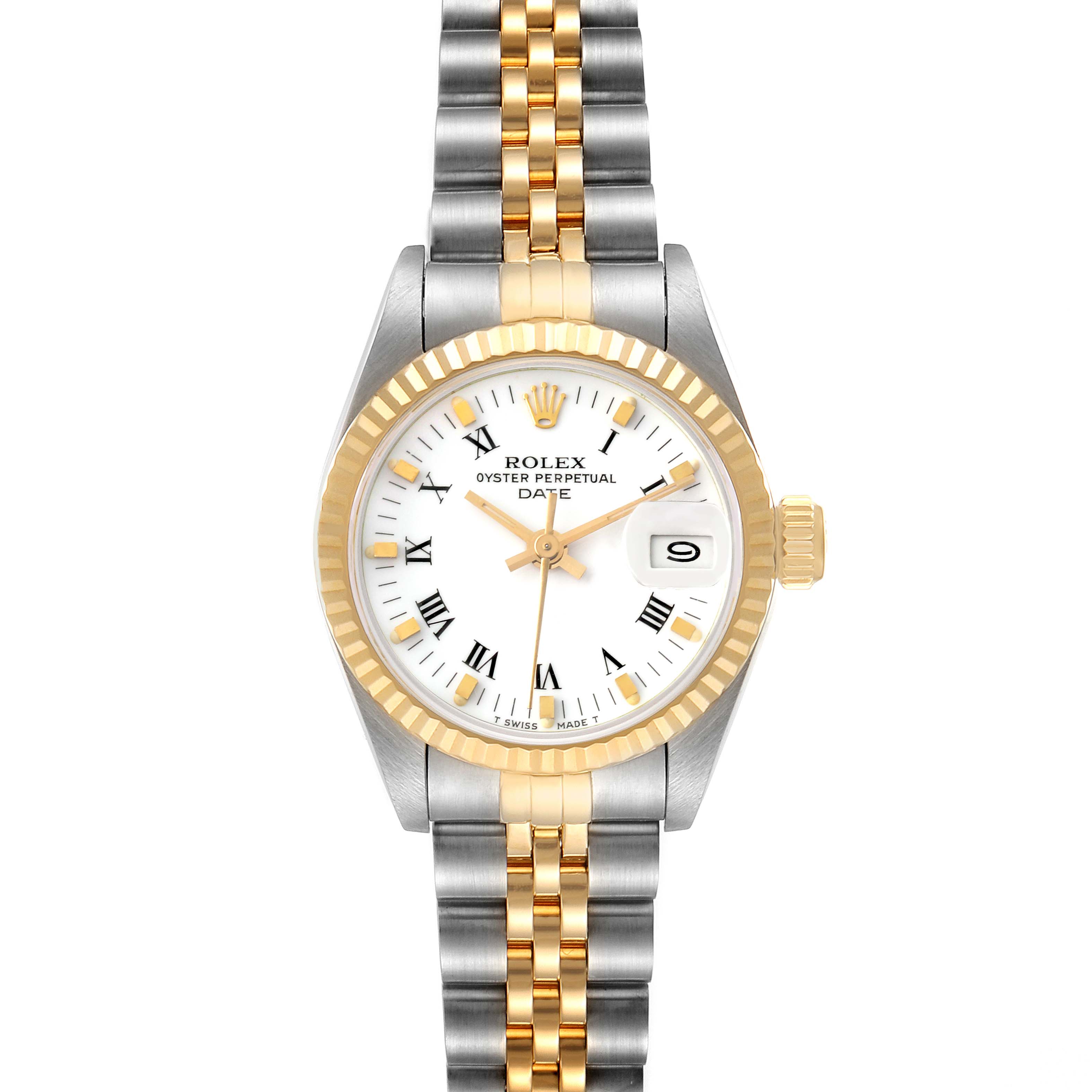 This Rolex Datejust 69173 Women's Steel and Gold (two tone) White Dial 69173 Women's Steel and Gold (two tone) White Dial watch is shown from a top-down angle, displaying the dial, bezel, and bracelet clearly.