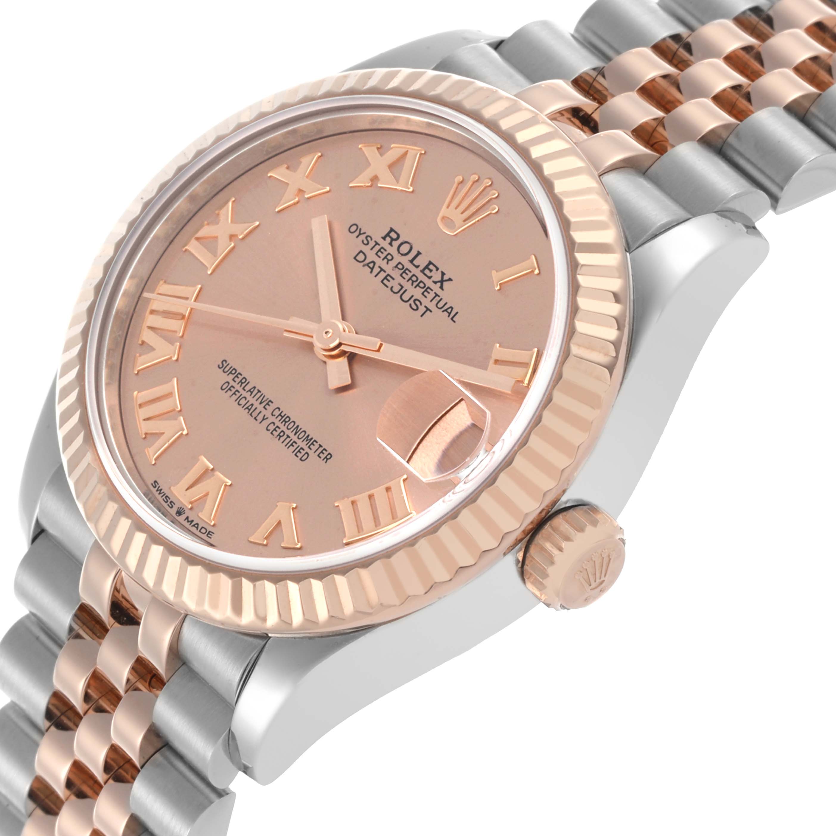 The Rolex Datejust watch is shown from a side angle, highlighting the dial, bezel, crown, and part of the bracelet.