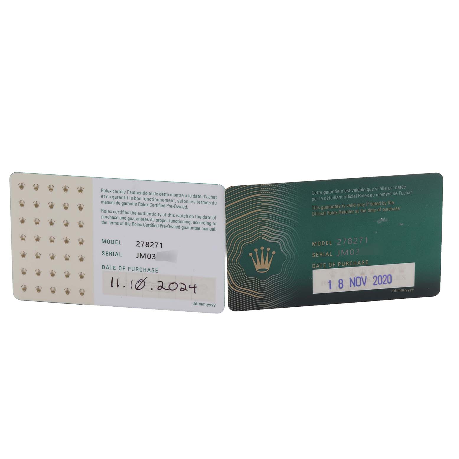 The image shows the warranty and authenticity cards for the Rolex Datejust model.