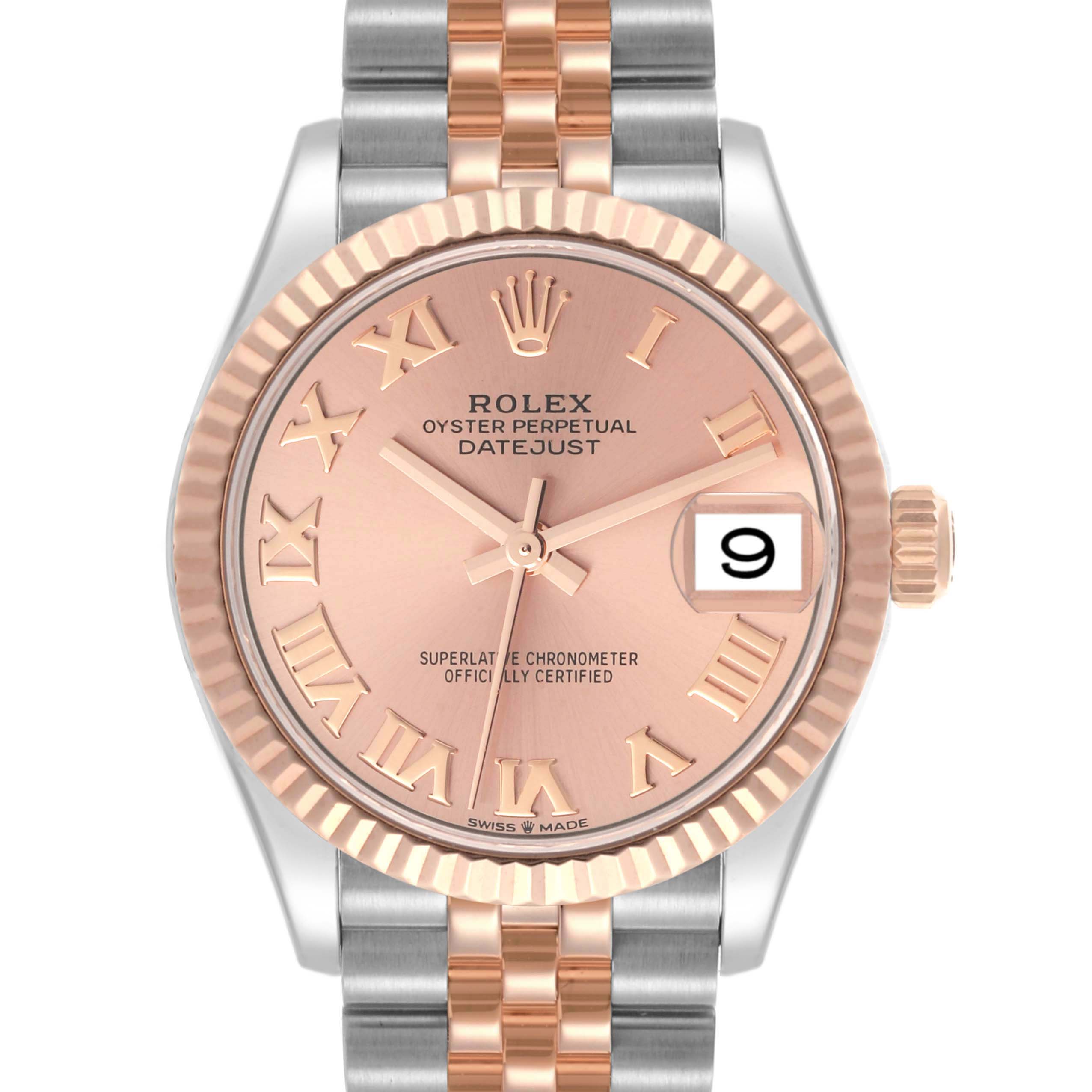 The Rolex Datejust watch is shown from the front, displaying the face, bezel, and part of the bracelet.