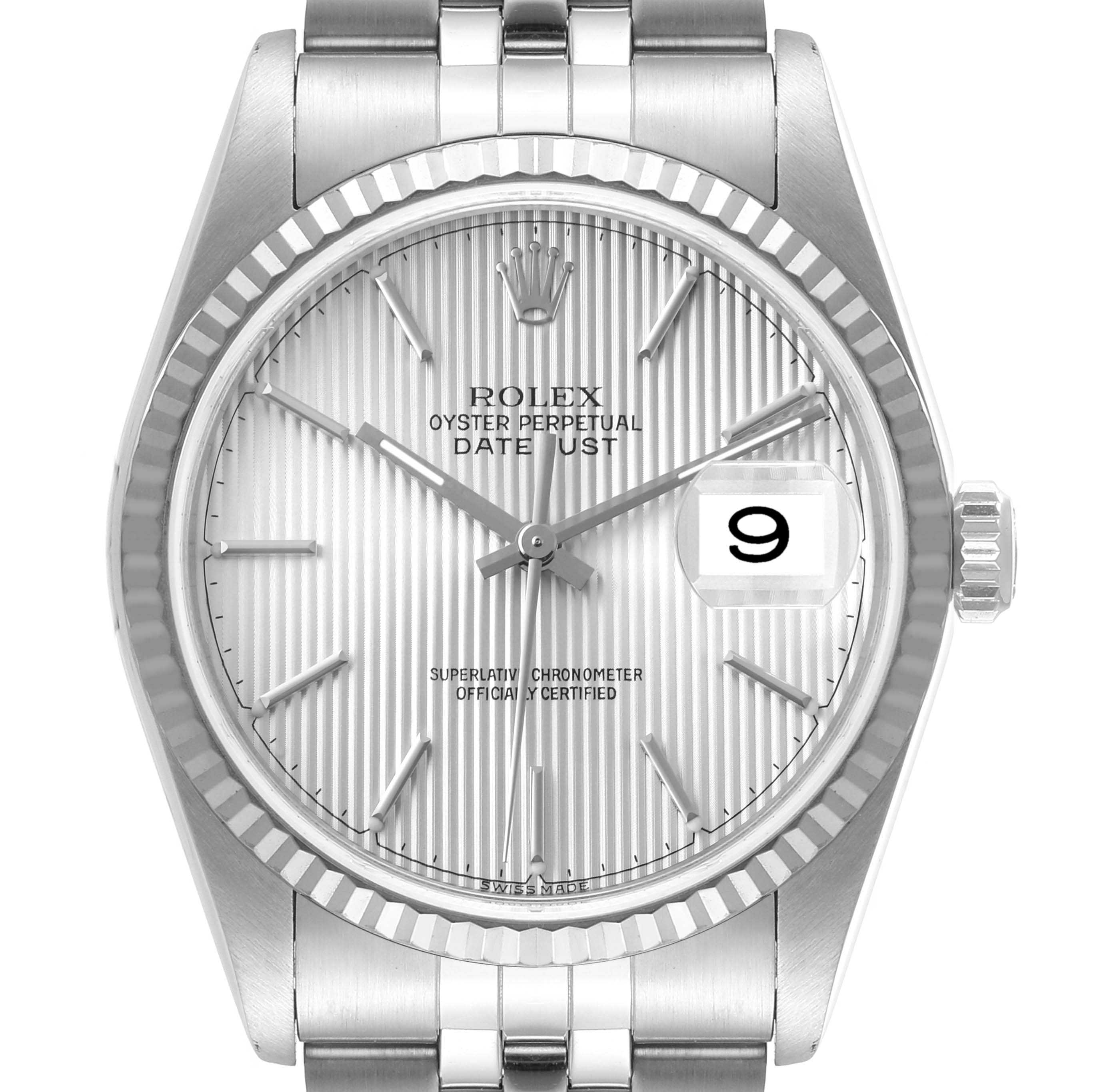 The Rolex Datejust 16234 Men's Stainless Steel Silver Dial 16234 Men's Stainless Steel Silver Dial watch is shown from a front angle, highlighting the dial, fluted bezel, date display, and part of the bracelet.