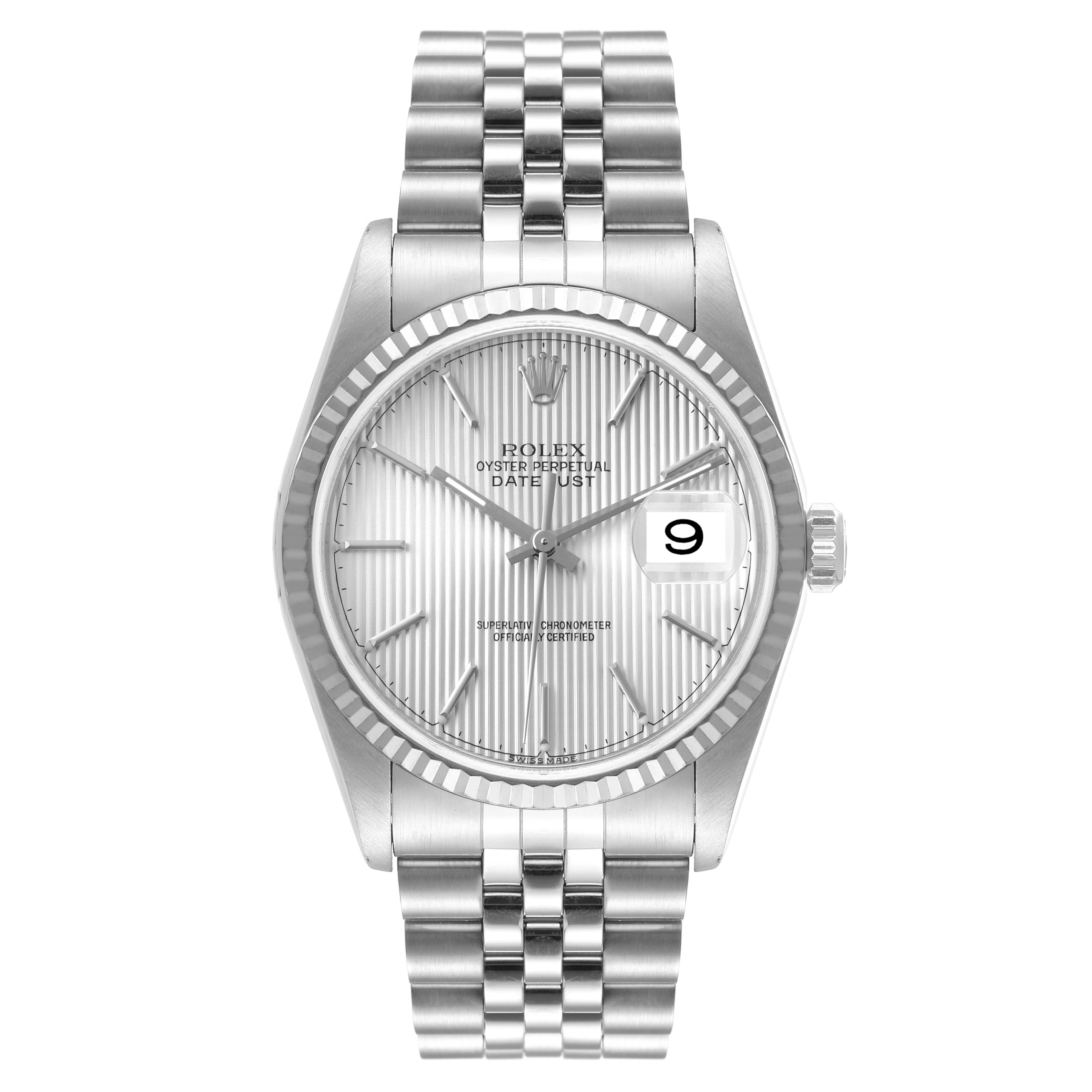 This image shows a front view of a Rolex Datejust 16234 Men's Stainless Steel Silver Dial 16234 Men's Stainless Steel Silver Dial watch, displaying its dial, bezel, crown, and bracelet.