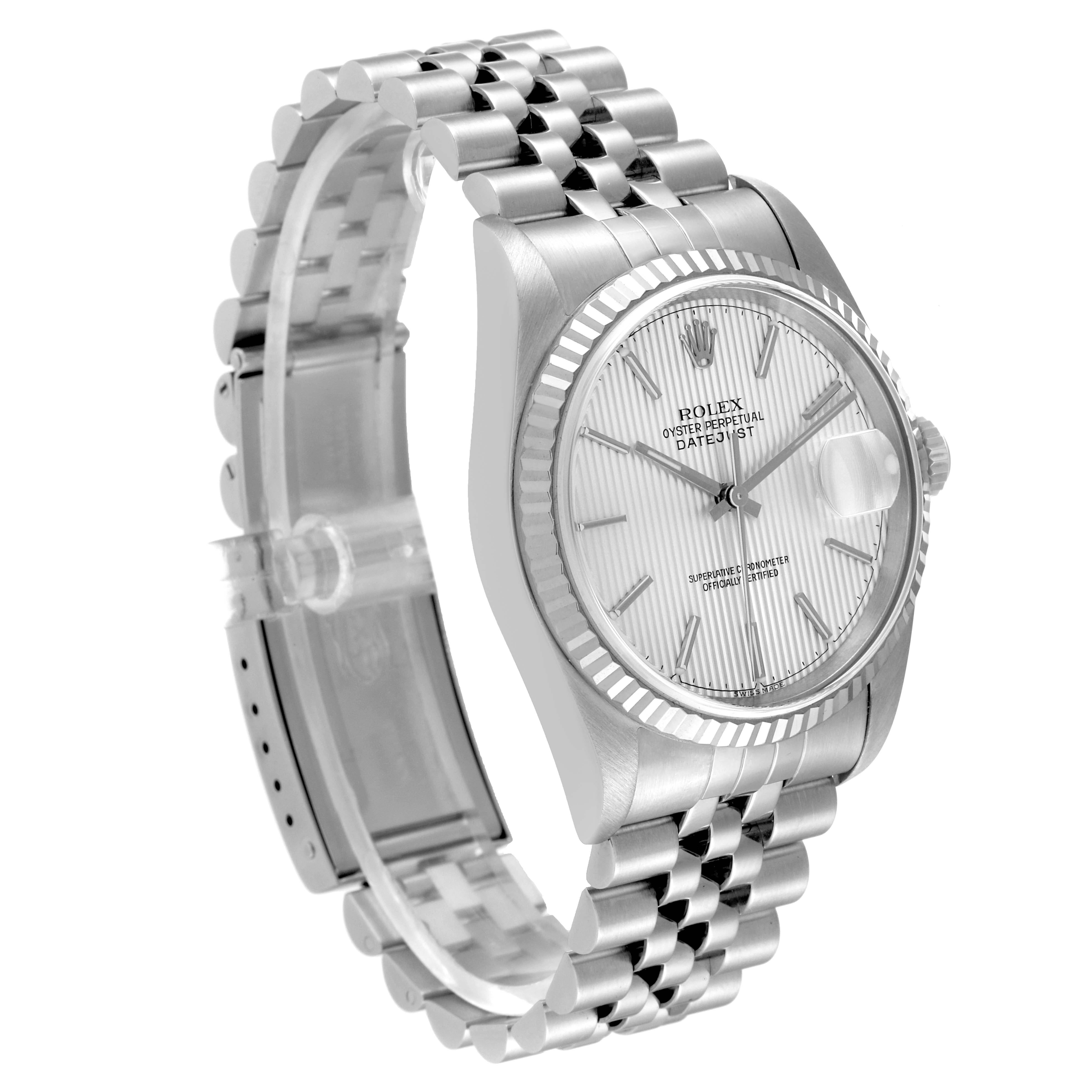 The Rolex Datejust 16234 Men's Stainless Steel Silver Dial 16234 Men's Stainless Steel Silver Dial watch is shown at a three-quarter angle, displaying its face, case, and bracelet.