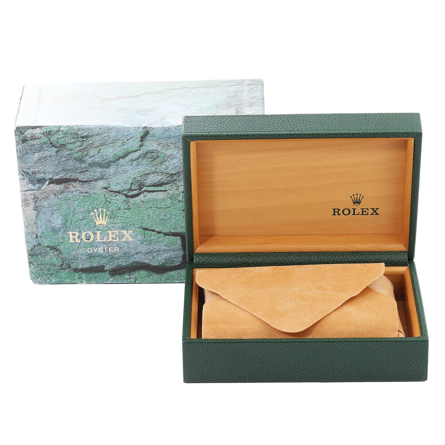 The image shows an open Rolex Datejust 16234 Men's Stainless Steel Silver Dial 16234 Men's Stainless Steel Silver Dial watch box and an outer box, showcasing the packaging and interior.