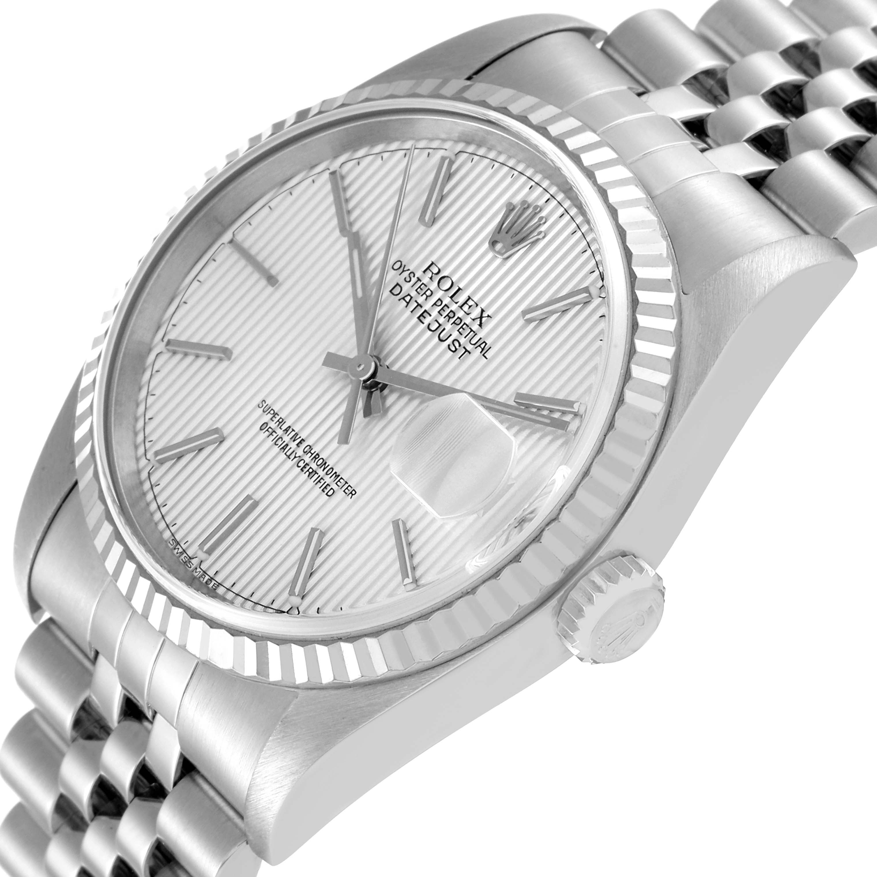 The Rolex Datejust 16234 Men's Stainless Steel Silver Dial 16234 Men's Stainless Steel Silver Dial watch is shown from a top-side angle, revealing the face, bezel, crown, and part of the bracelet.