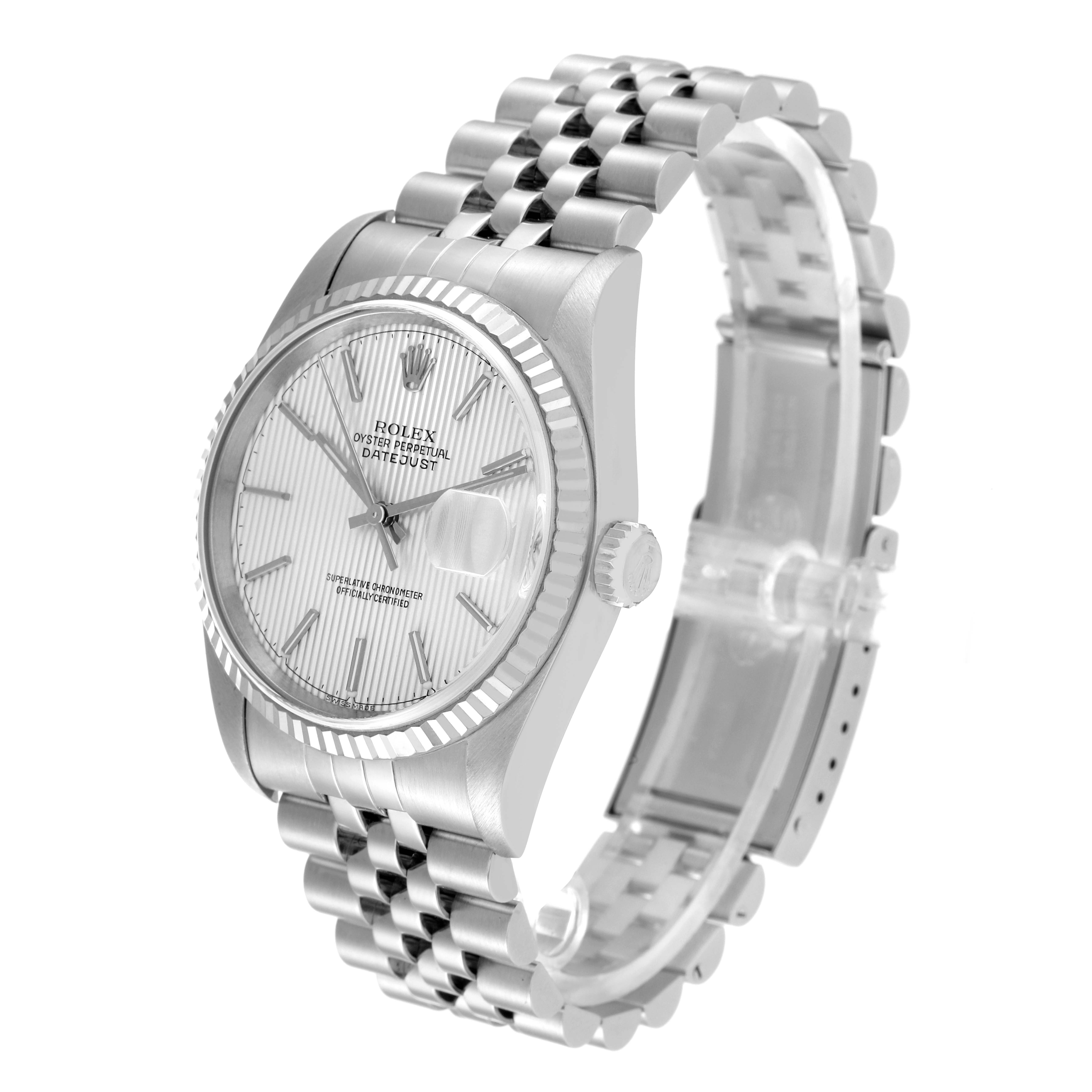 The image shows a Rolex Datejust 16234 Men's Stainless Steel Silver Dial 16234 Men's Stainless Steel Silver Dial watch at a three-quarter angle, highlighting the dial, bezel, case, and bracelet.