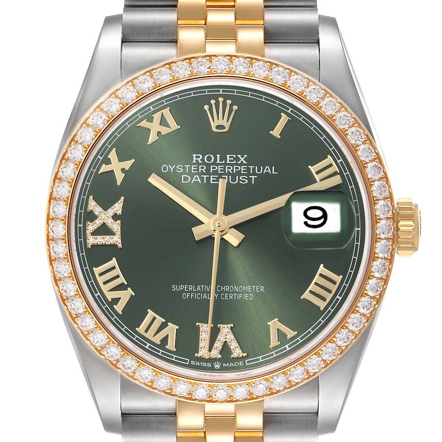 The Rolex Datejust watch is shown from the front, highlighting its green dial, diamond bezel, and two-tone bracelet.