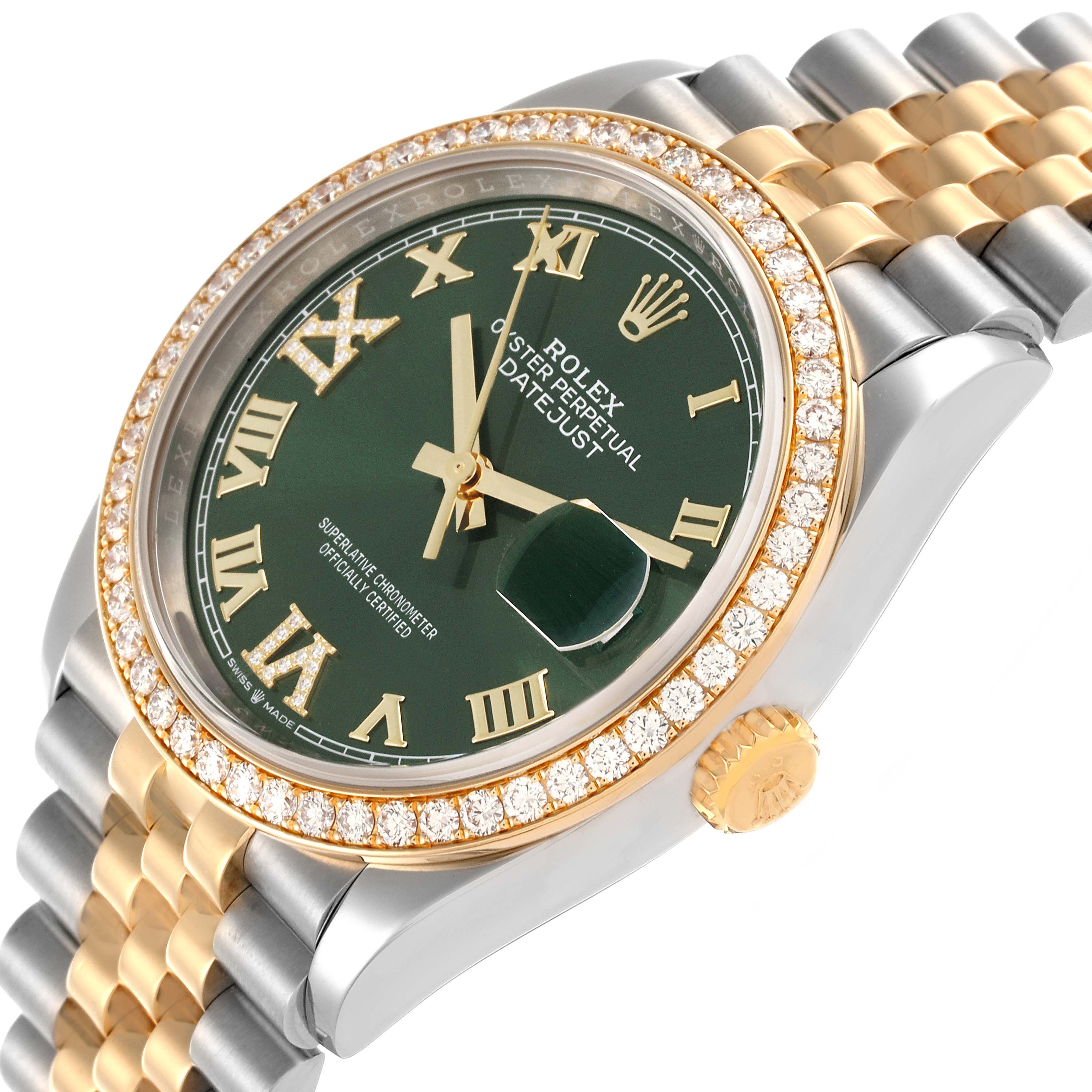The Rolex Datejust 126283RBR Men's Steel and Gold (two tone) Green Dial 126283RBR Men's Steel and Gold (two tone) Green Dial watch is shown at an angled view, highlighting the green dial, diamond bezel, and jubilee bracelet.