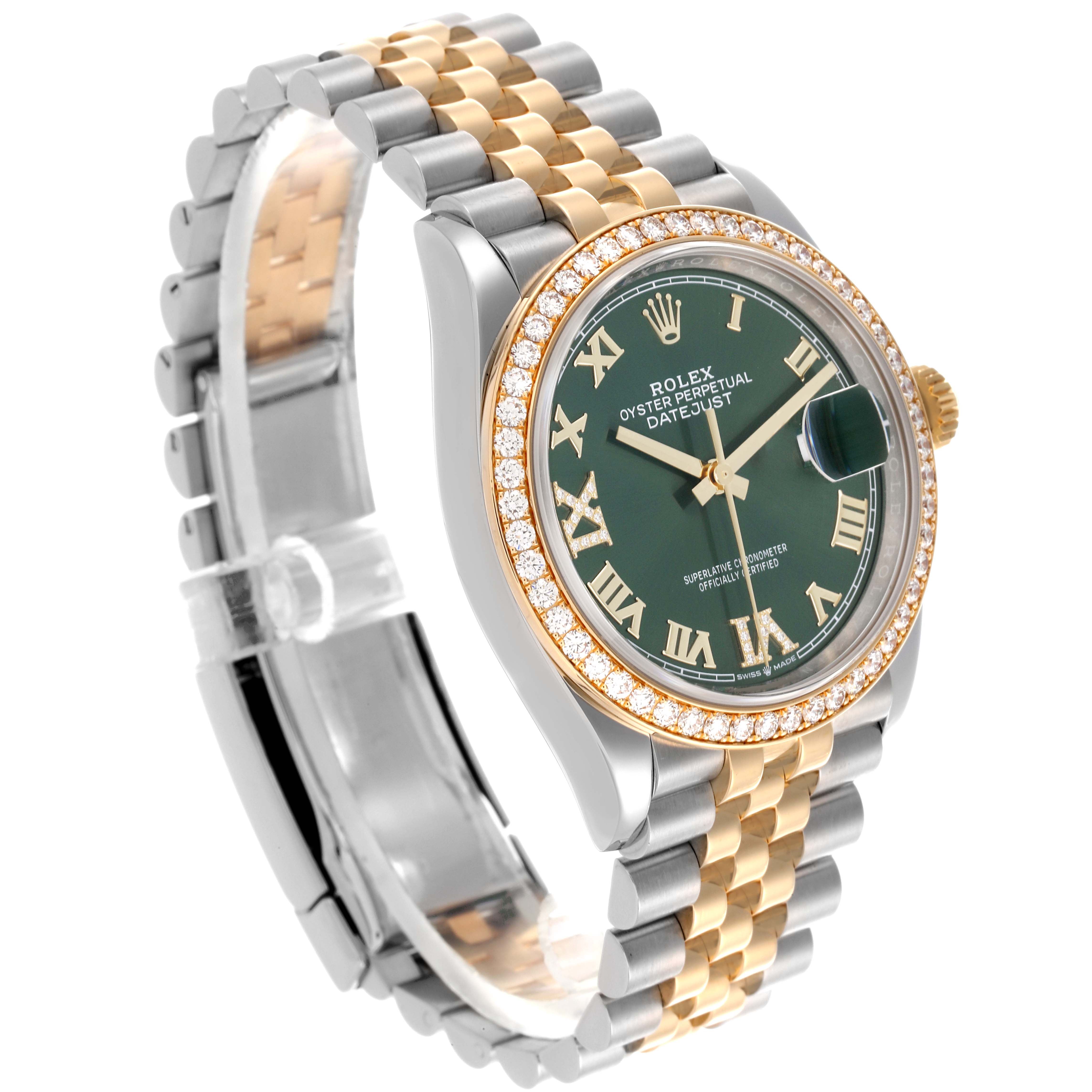 The Rolex Datejust 126283RBR Men's Steel and Gold (two tone) Green Dial 126283RBR Men's Steel and Gold (two tone) Green Dial watch is shown at an oblique angle, highlighting the face, bezel, crown, and two-tone bracelet.