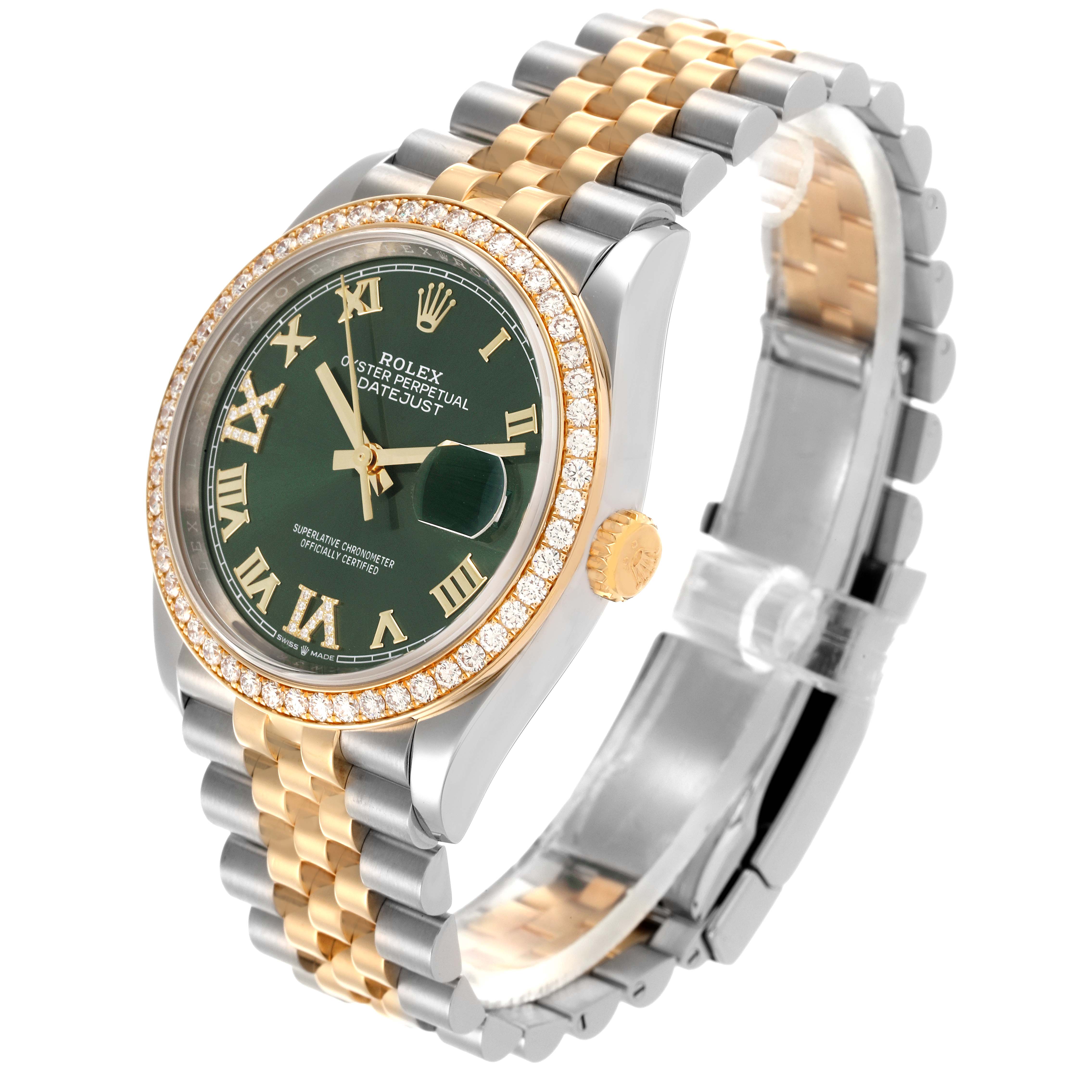 The Rolex Datejust 126283RBR Men's Steel and Gold (two tone) Green Dial 126283RBR Men's Steel and Gold (two tone) Green Dial watch is shown at a slight angle displaying the face, bezel, and bracelet.