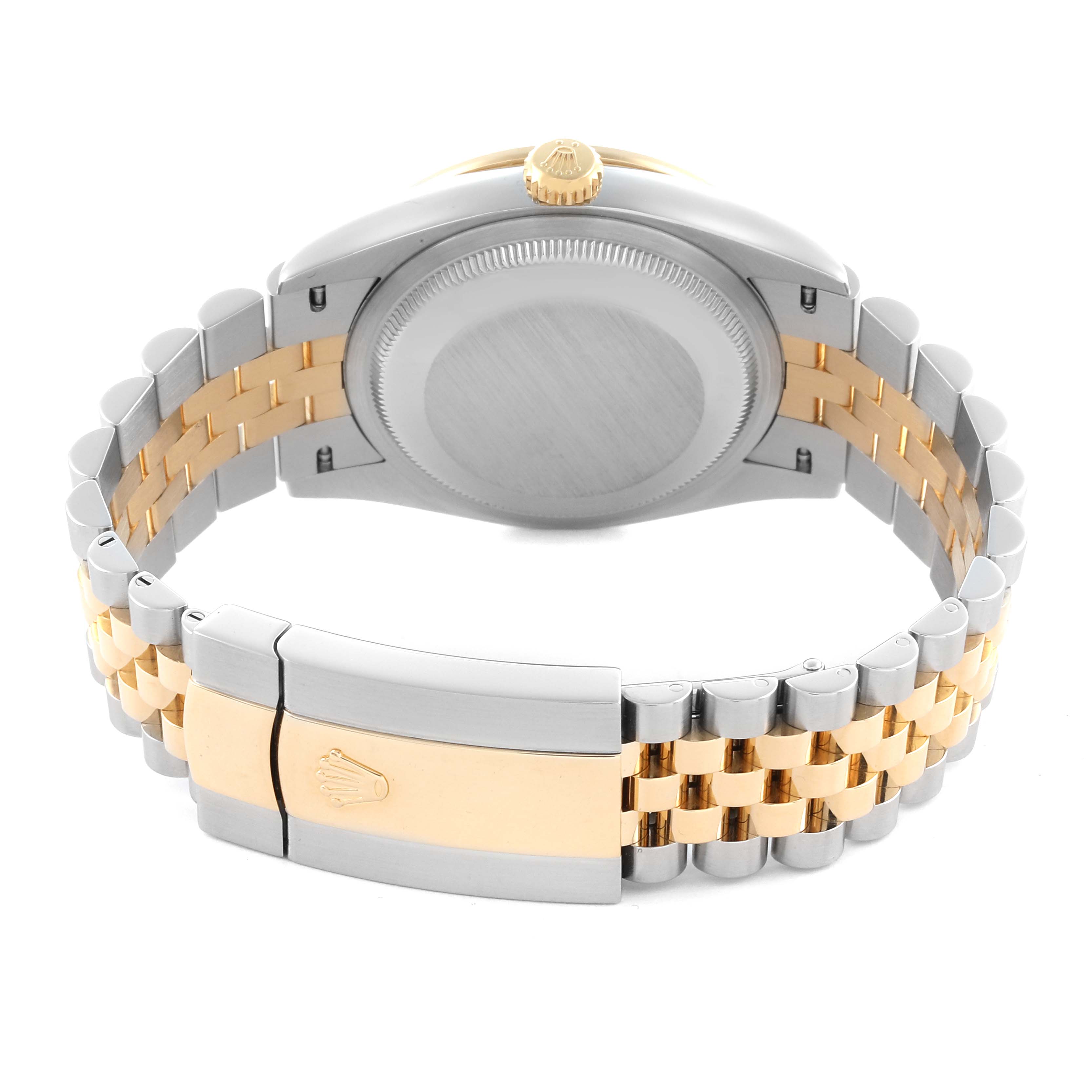 The Rolex Datejust 126283RBR Men's Steel and Gold (two tone) Green Dial 126283RBR Men's Steel and Gold (two tone) Green Dial watch is shown from a rear angle, featuring the case back and Jubilee bracelet with a clasp.