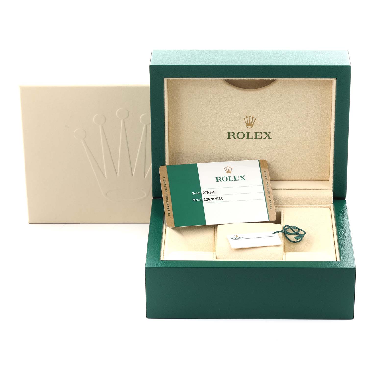 The image shows a Rolex Datejust 126283RBR Men's Steel and Gold (two tone) Green Dial 126283RBR Men's Steel and Gold (two tone) Green Dial watch box, warranty card, tag, and keychain from a top-front angle.