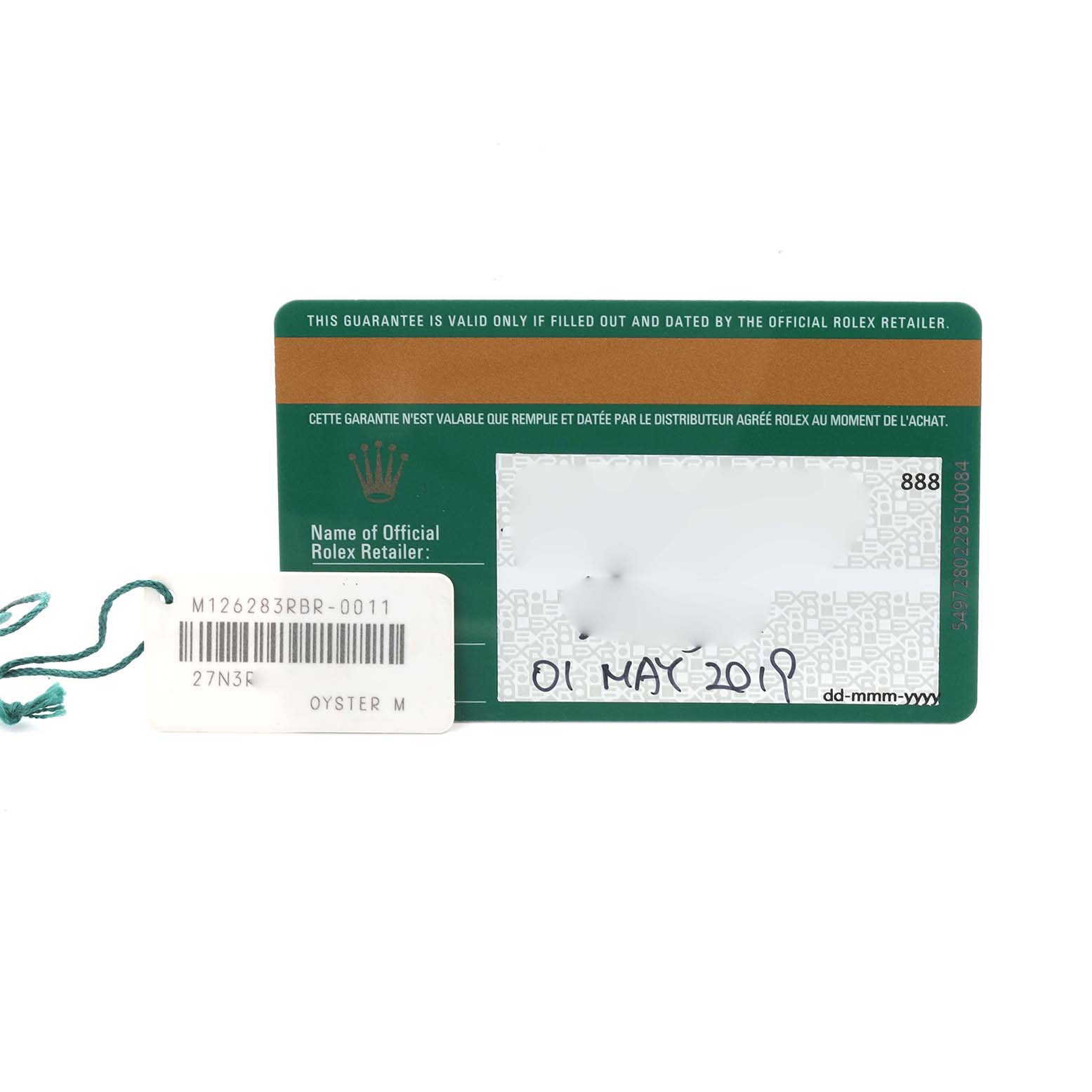 The image shows a Rolex Datejust 126283RBR Men's Steel and Gold (two tone) Green Dial 126283RBR Men's Steel and Gold (two tone) Green Dial model tag and warranty card from a straight-on angle.