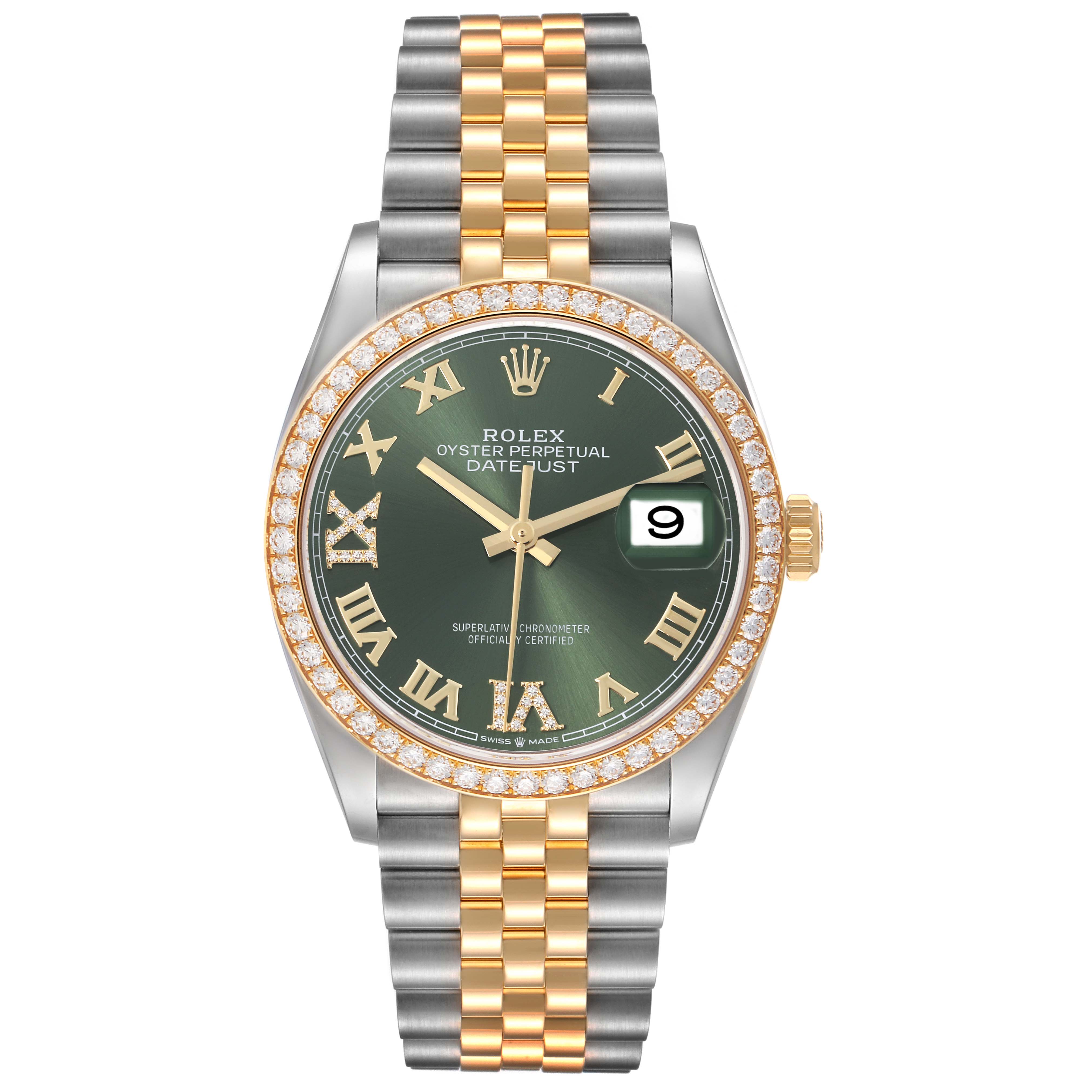 The Rolex Datejust 126283RBR Men's Steel and Gold (two tone) Green Dial 126283RBR Men's Steel and Gold (two tone) Green Dial watch is shown from the front, displaying the dial, bezel, and two-tone bracelet.