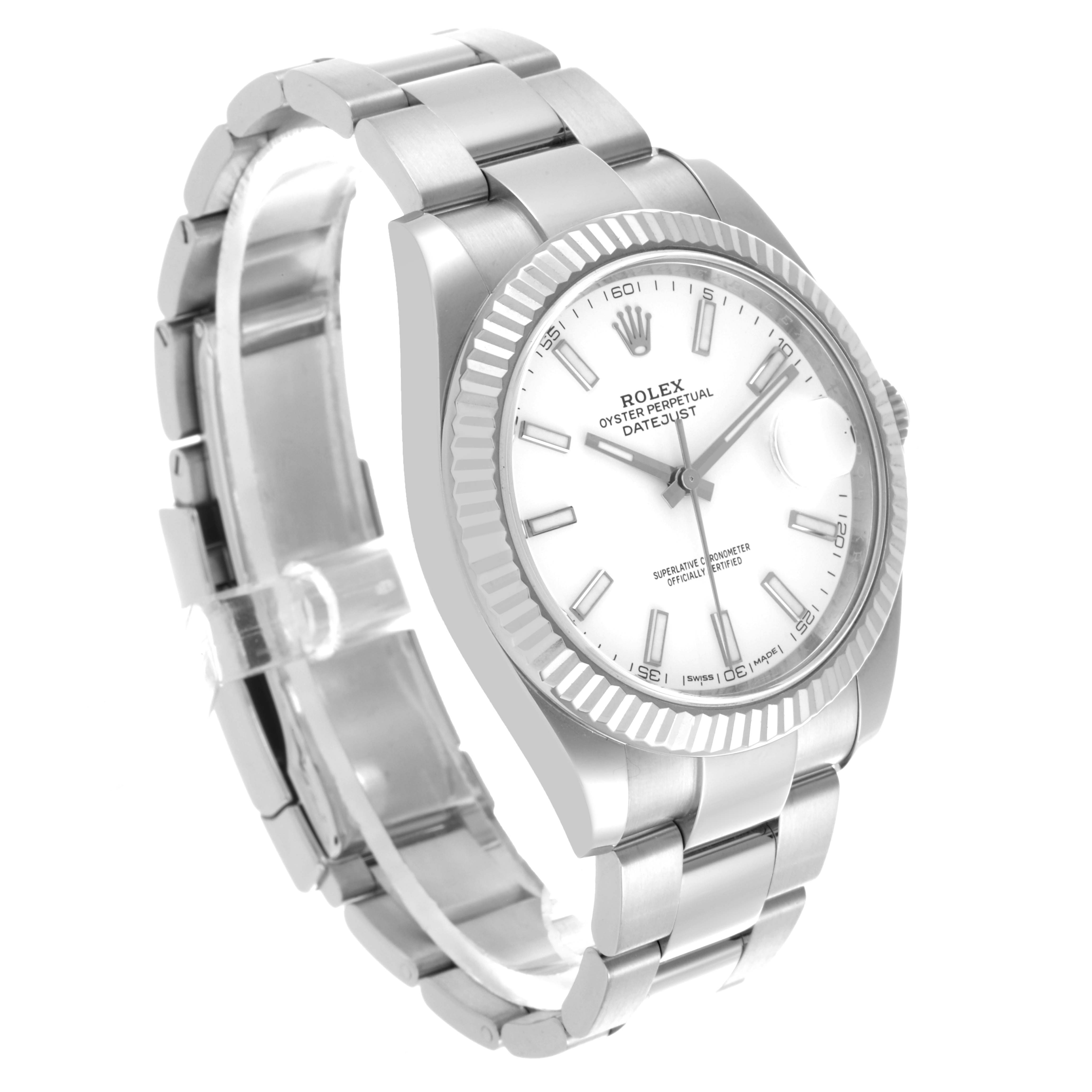 The Rolex Datejust 41 126334 Men
s Stainless Steel White Dial 126334 Men
s Stainless Steel White Dial is shown at a three-quarter angle, highlighting the bracelet, case, bezel, and dial.