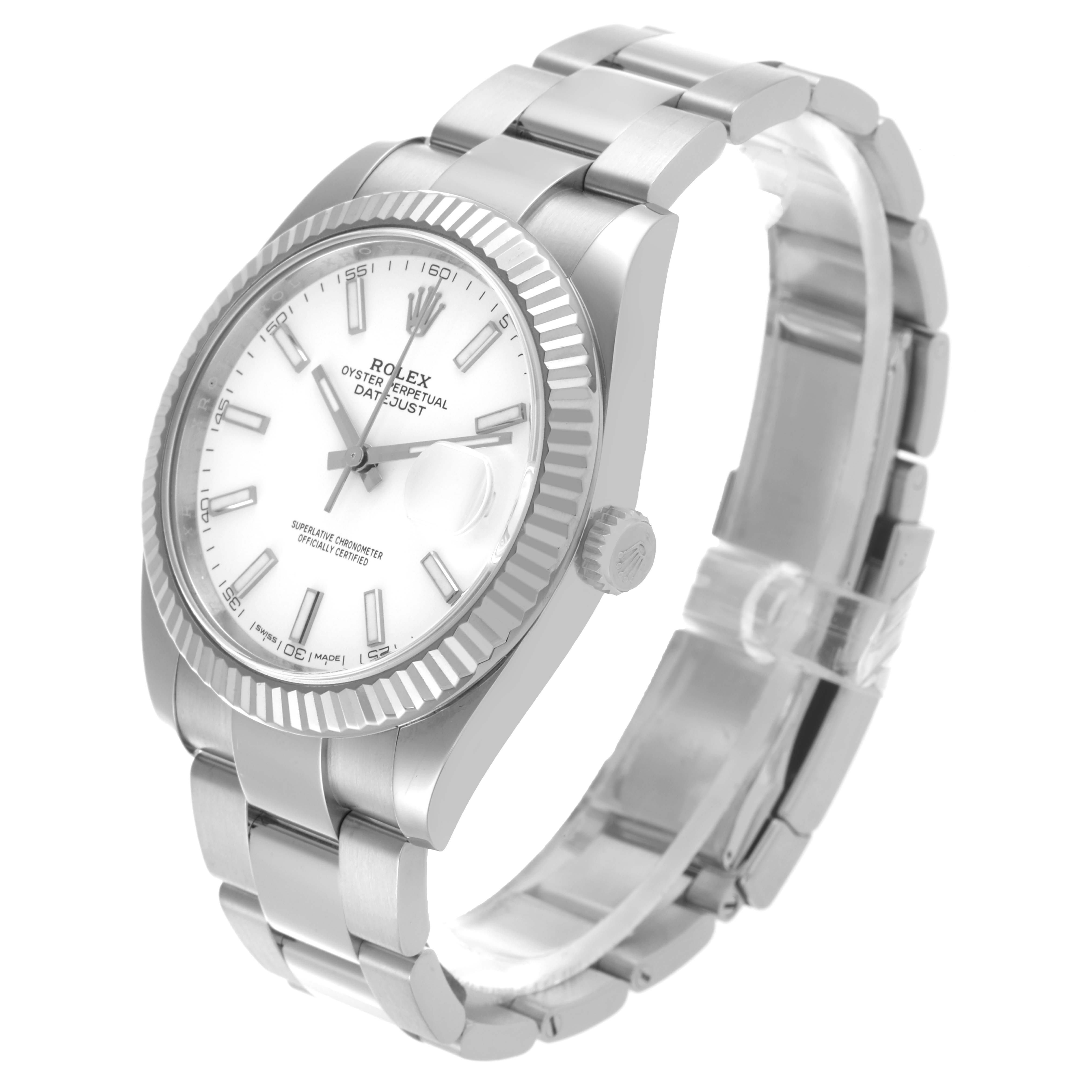 The Rolex Datejust 41 126334 Men
s Stainless Steel White Dial 126334 Men
s Stainless Steel White Dial watch is shown at an oblique angle, showcasing the face, bezel, crown, and bracelet.