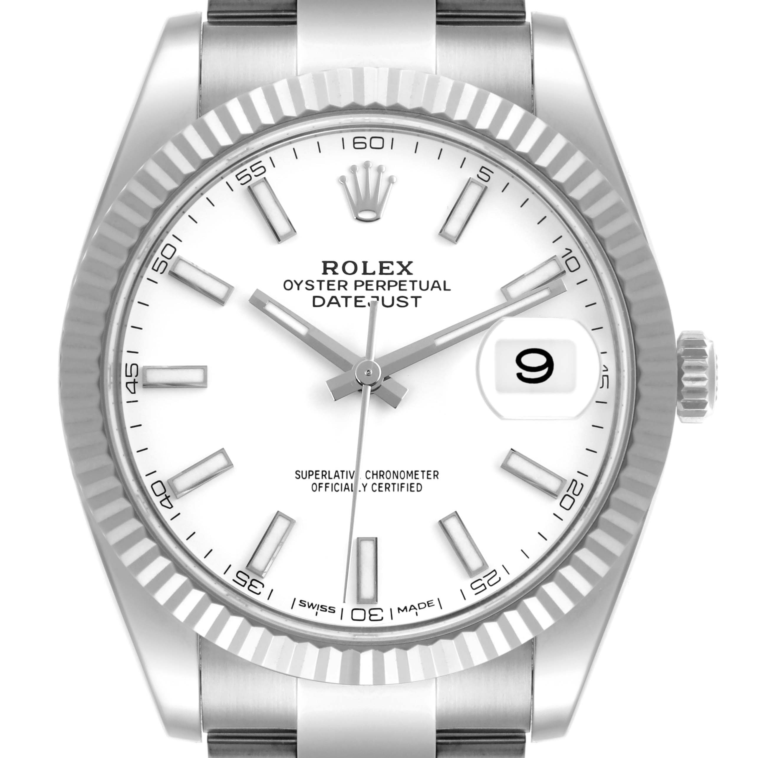The image shows a front view of the Rolex Datejust 41 126334 Men
s Stainless Steel White Dial 126334 Men
s Stainless Steel White Dial, highlighting the bezel, dial, hands, indices, and date window.