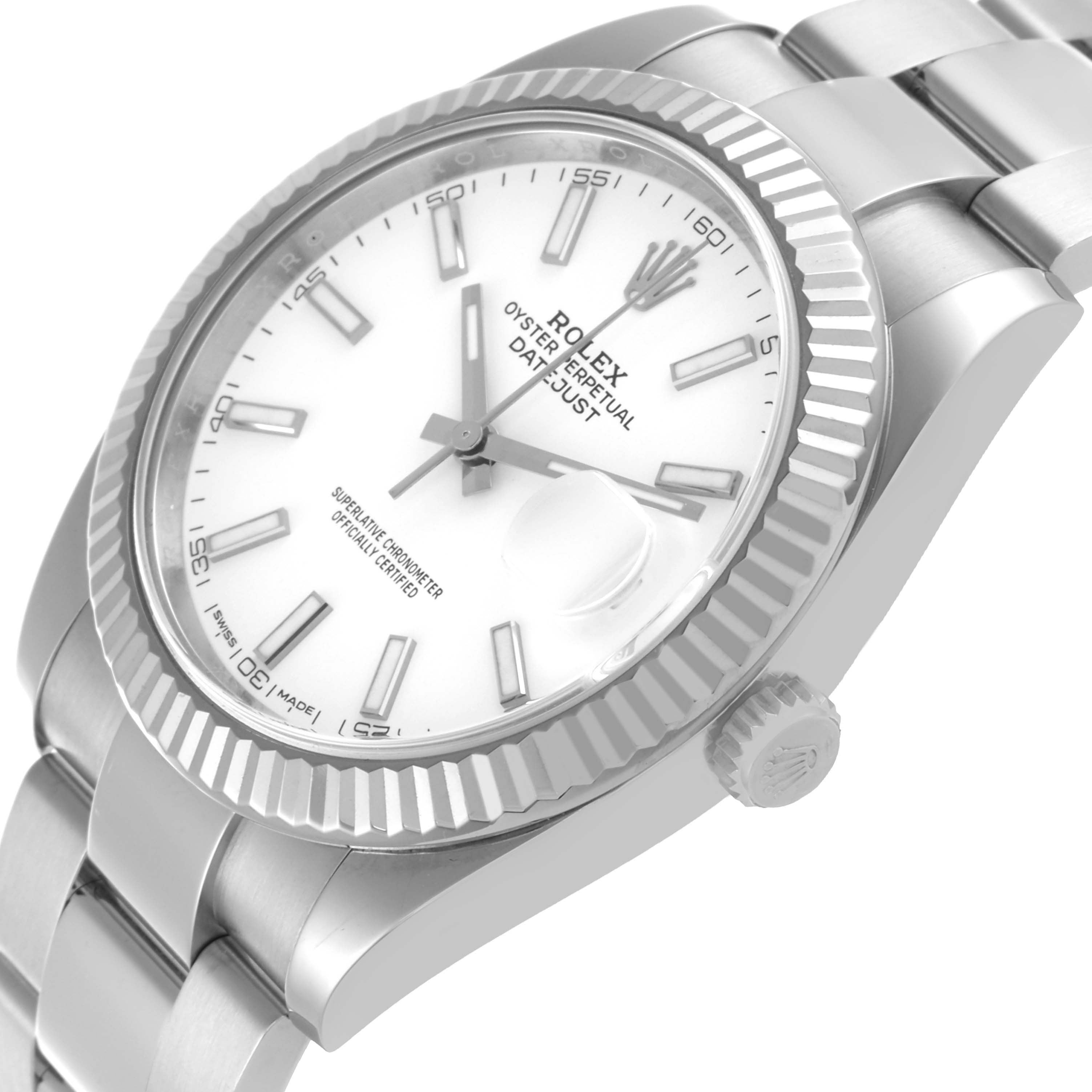 The Rolex Datejust 41 126334 Men
s Stainless Steel White Dial 126334 Men
s Stainless Steel White Dial watch is shown at a tilted angle, displaying the face, bezel, and part of the bracelet.