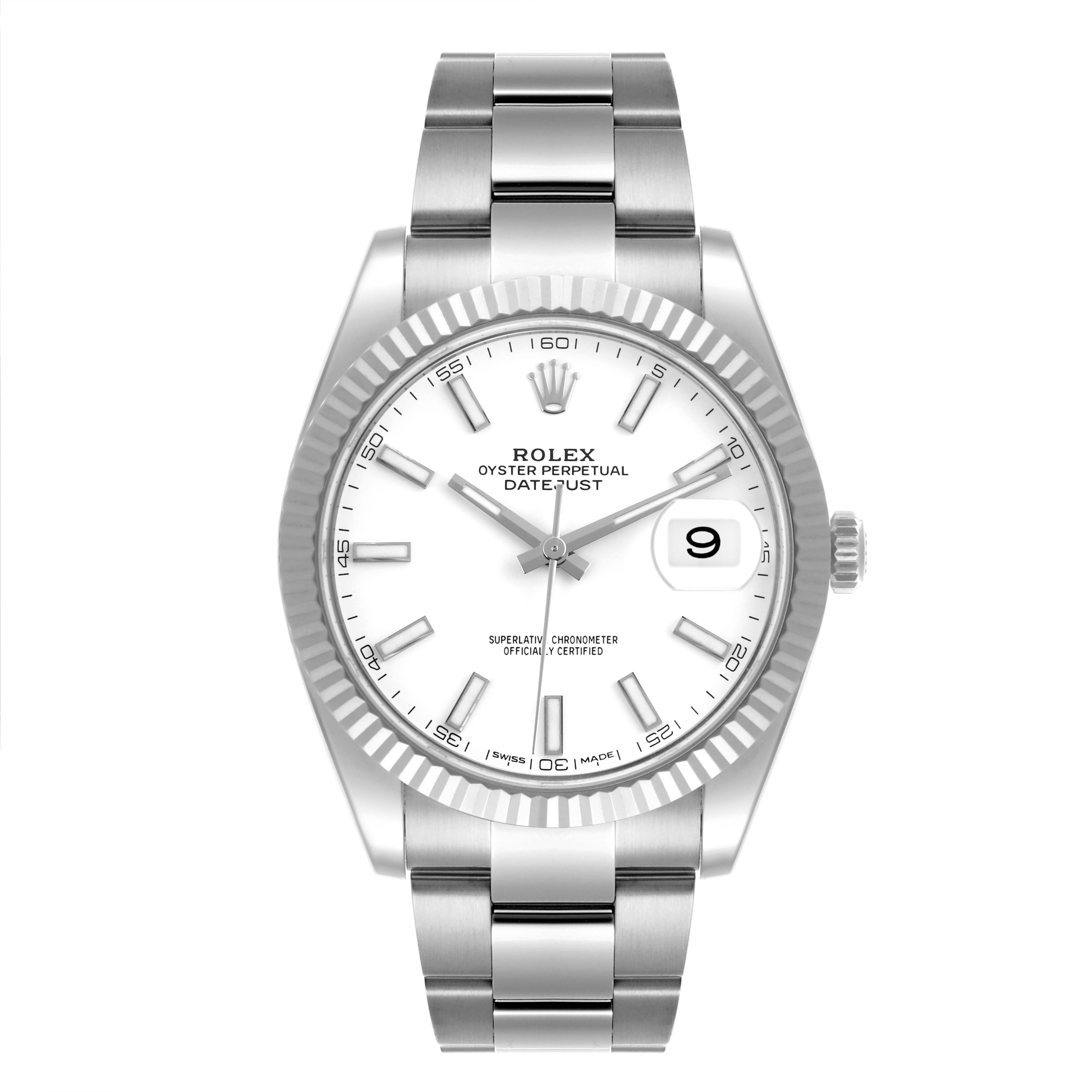The Rolex Datejust 41 126334 Men
s Stainless Steel White Dial 126334 Men
s Stainless Steel White Dial is shown from a straight-on angle, highlighting the face, bezel, bracelet, and crown.