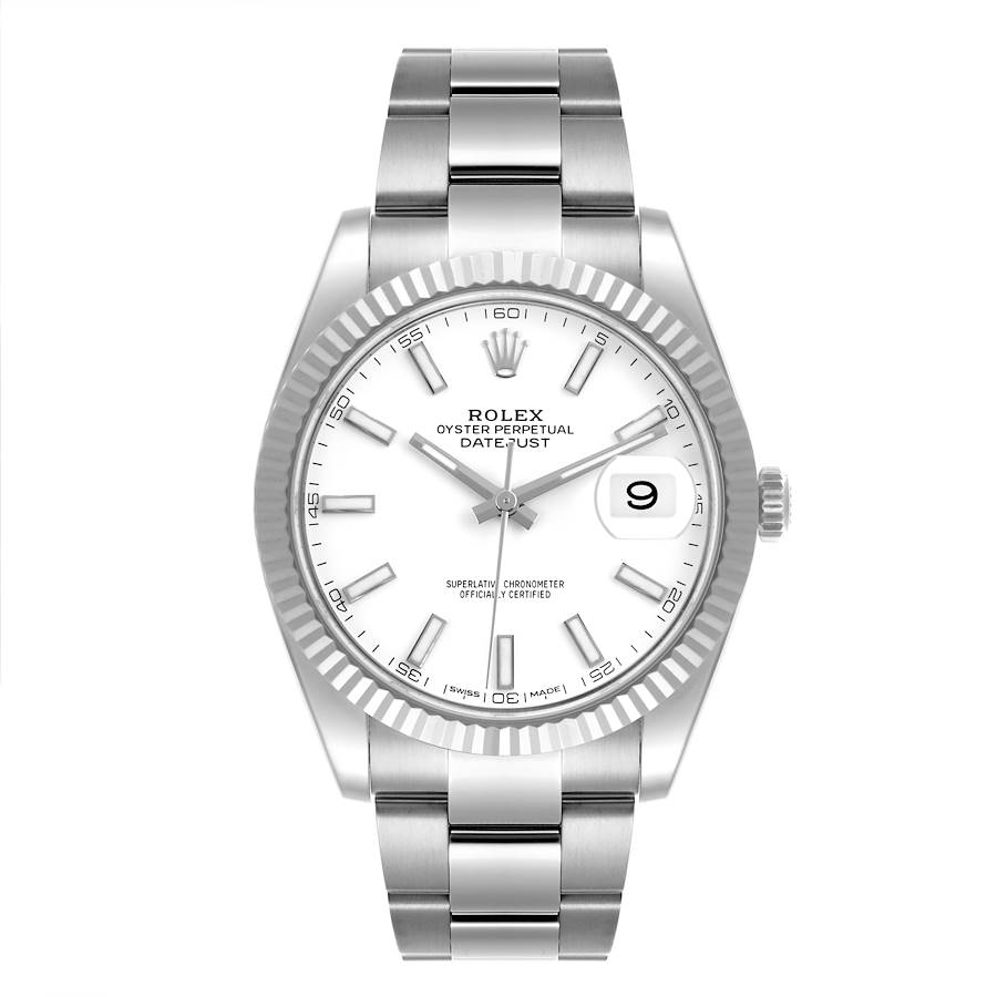 The Rolex Datejust 41 is shown from a straight-on angle, highlighting the face, bezel, bracelet, and crown.