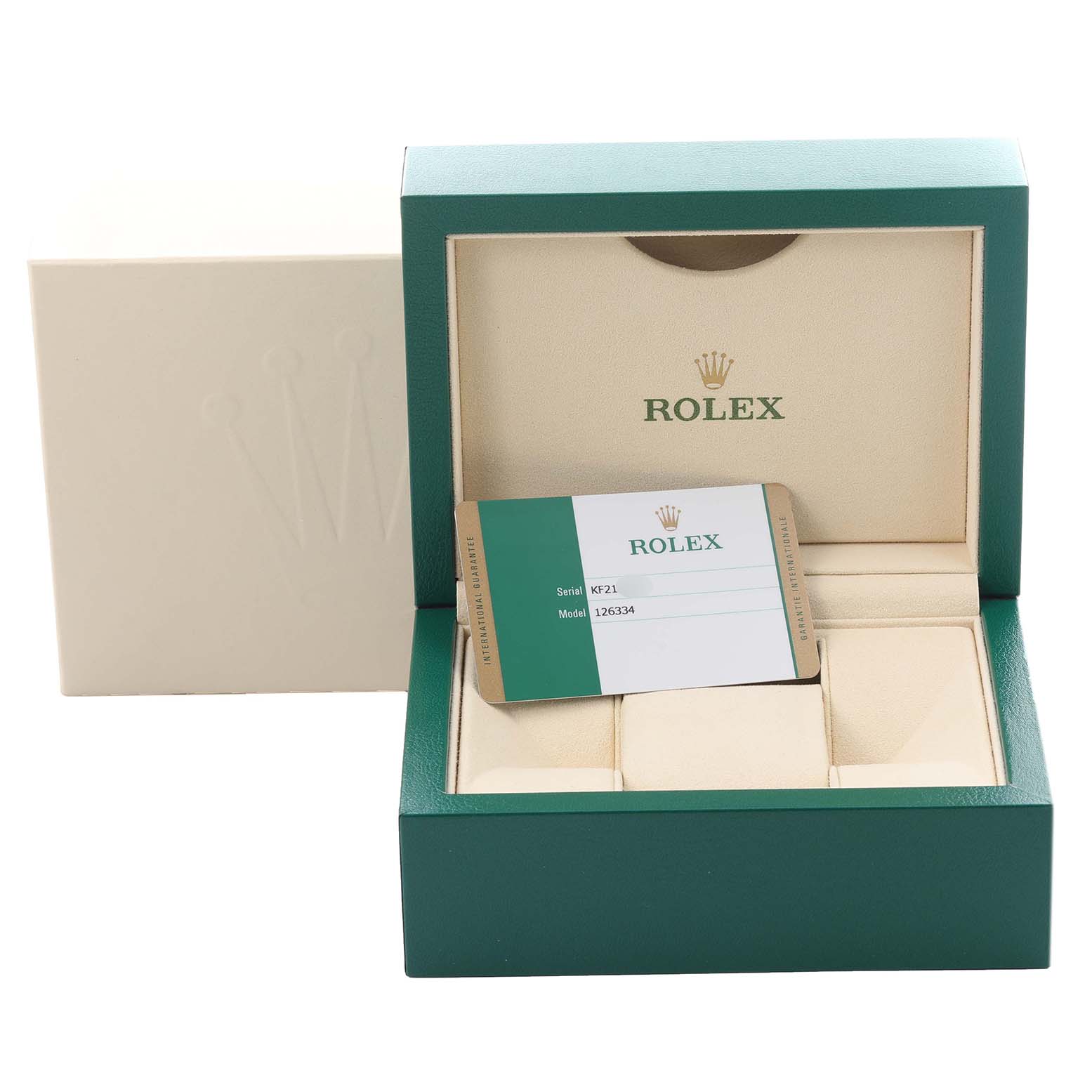 The image shows an open Rolex Datejust 41 126334 Men
s Stainless Steel White Dial 126334 Men
s Stainless Steel White Dial box with warranty card, viewed from the front.