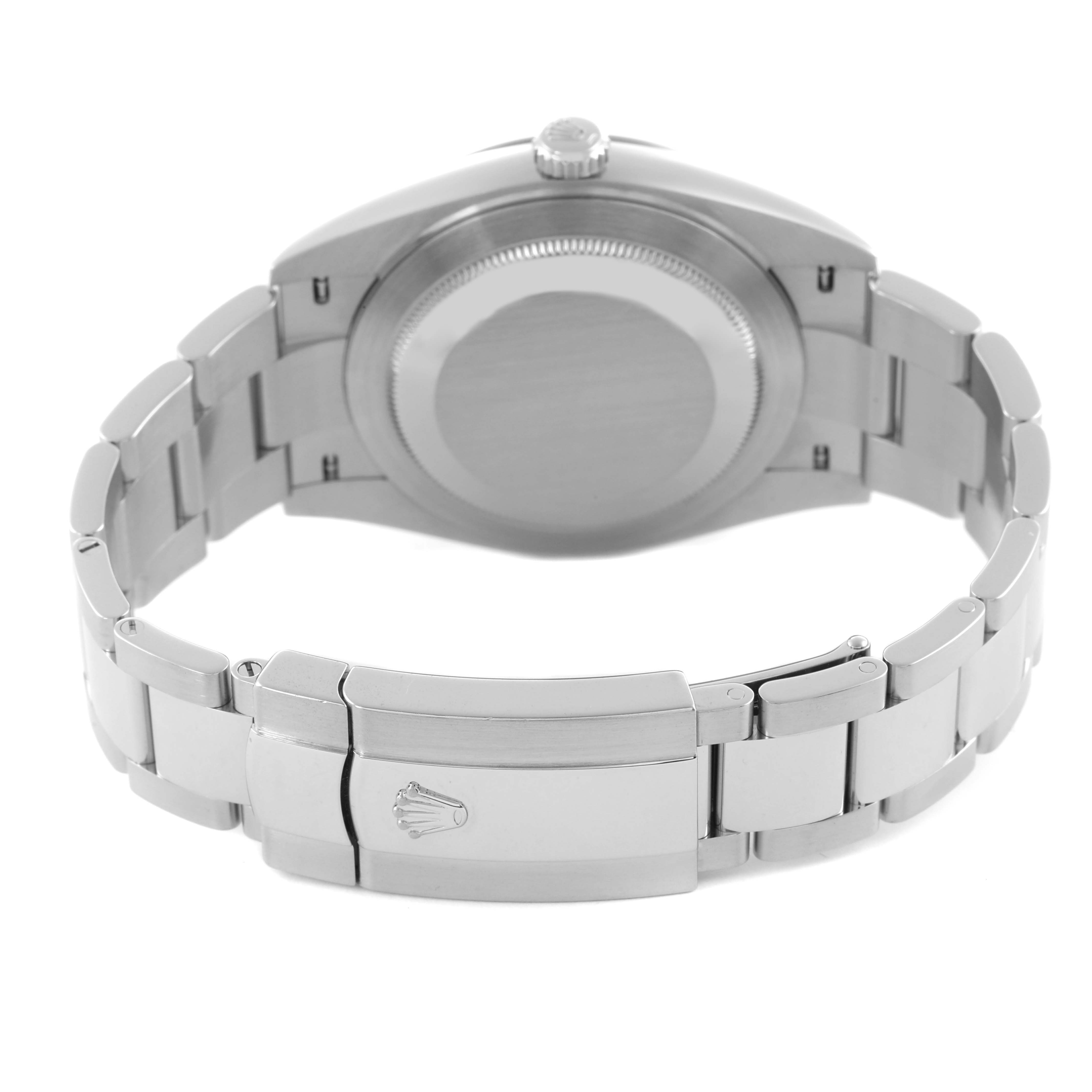 The image shows the back view of a Rolex Datejust 41 126334 Men
s Stainless Steel White Dial 126334 Men
s Stainless Steel White Dial, highlighting the case back and bracelet clasp.
