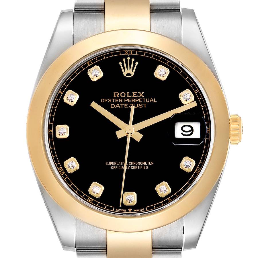 The Rolex Datejust 41 is shown from a front angle, highlighting the black dial, gold bezel, and date window.