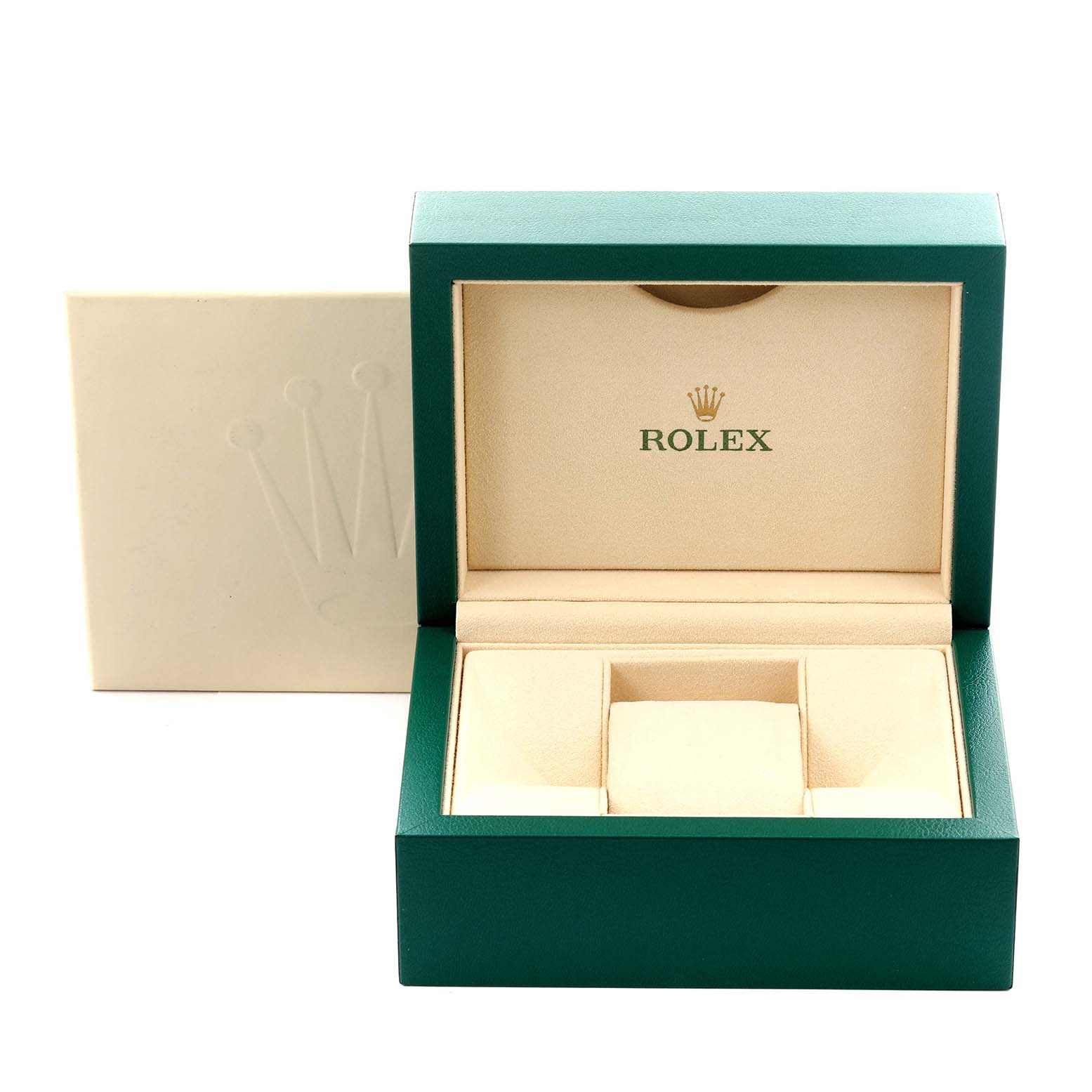 The image shows an open green Rolex box for the Datejust 41 model, with a cream interior and logo.