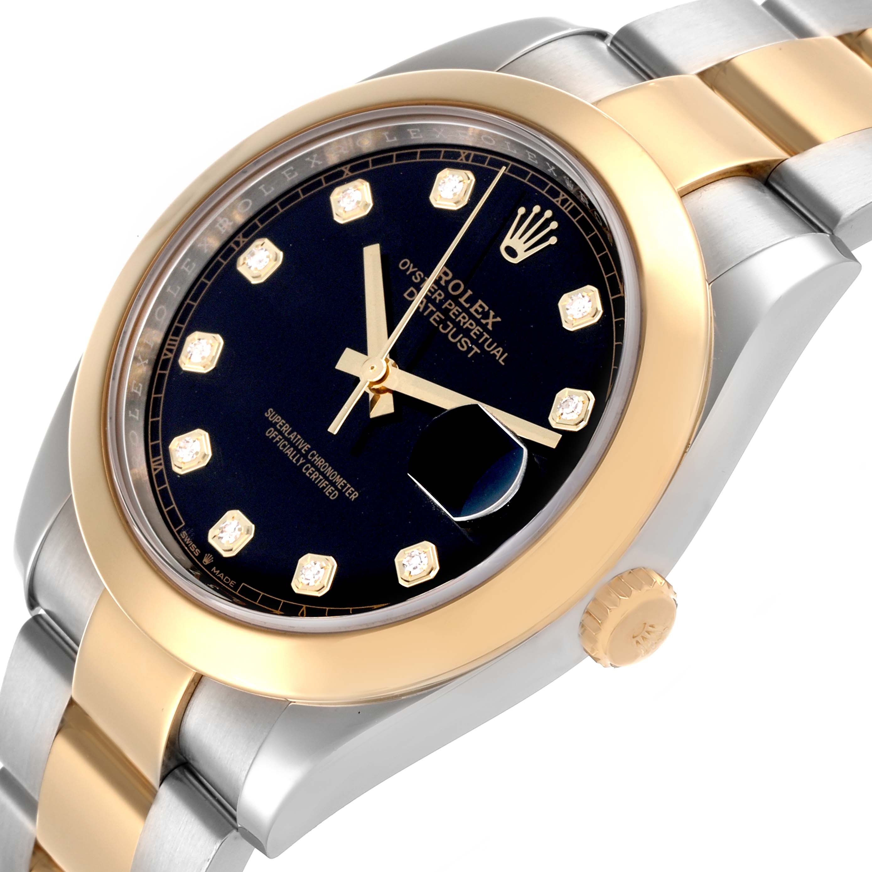 The Rolex Datejust 41 126303 Men's Steel and Gold (two tone) Black Dial 126303 Men's Steel and Gold (two tone) Black Dial is shown at a side angle displaying its black dial, gold bezel, and two-tone bracelet.