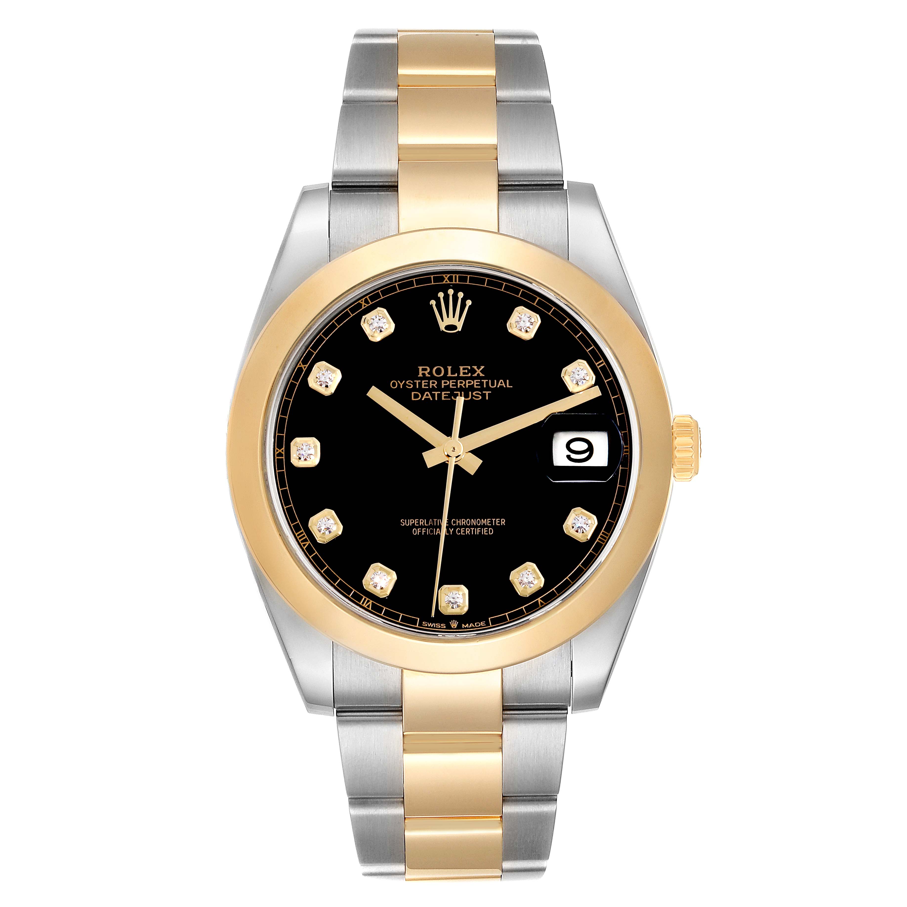 The Rolex Datejust 41 126303 Men's Steel and Gold (two tone) Black Dial 126303 Men's Steel and Gold (two tone) Black Dial watch is shown from the front, displaying the face, bezel, and bracelet.