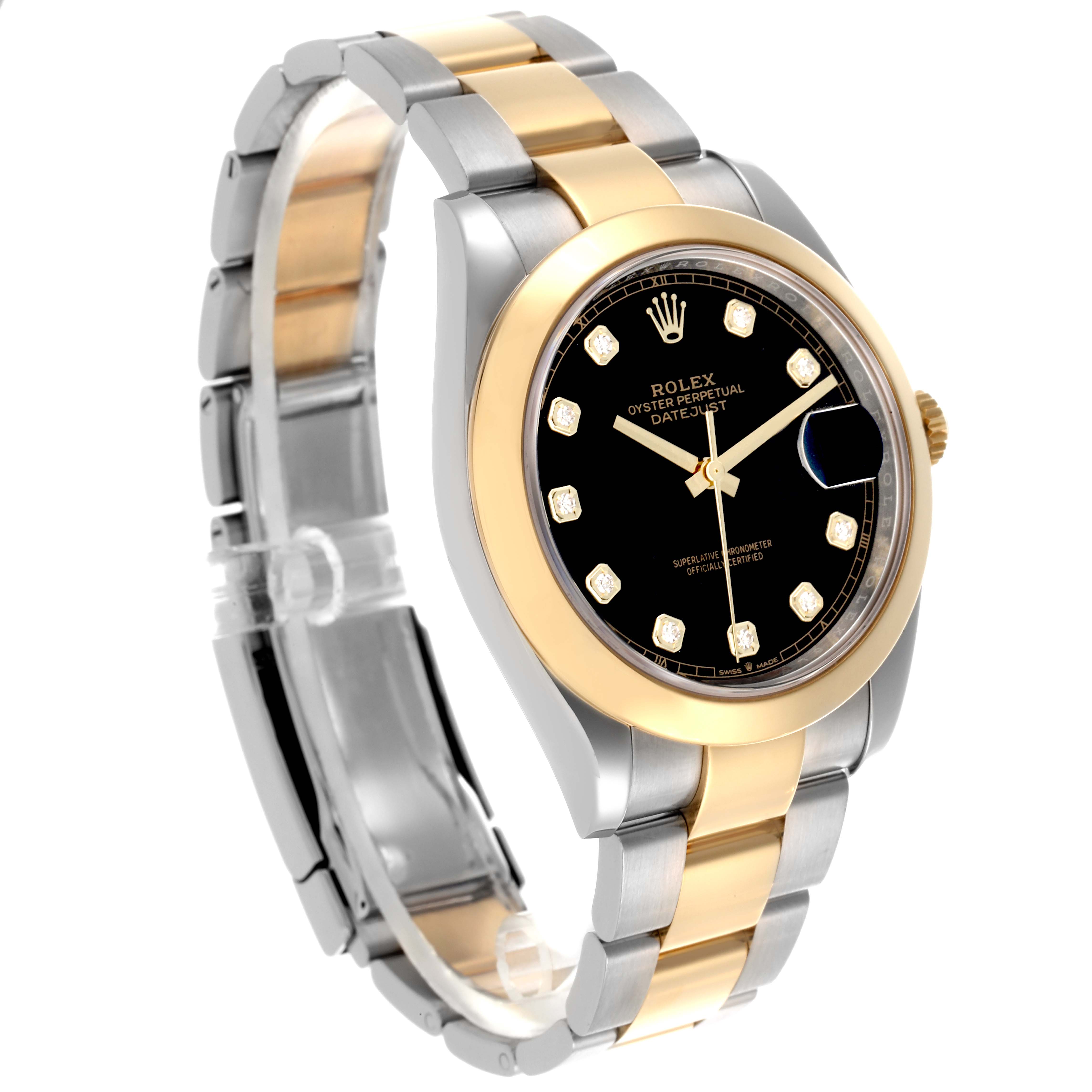 The Rolex Datejust 41 126303 Men's Steel and Gold (two tone) Black Dial 126303 Men's Steel and Gold (two tone) Black Dial is shown at a 3/4 angle, highlighting the case, dial, and two-tone bracelet.