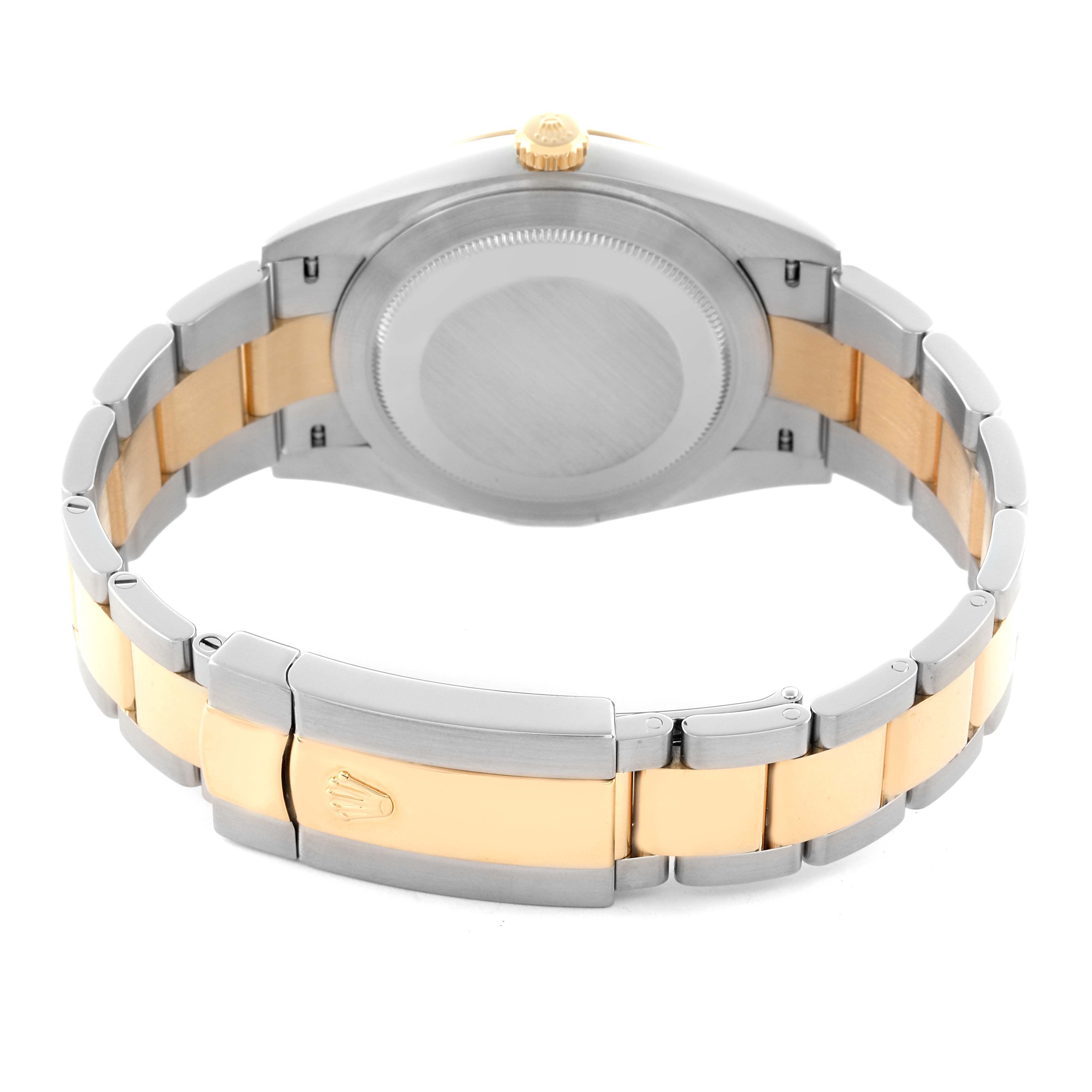 The Rolex Datejust 41 126303 Men's Steel and Gold (two tone) Black Dial 126303 Men's Steel and Gold (two tone) Black Dial is shown from the back, highlighting the case, crown, and two-tone bracelet with clasp.