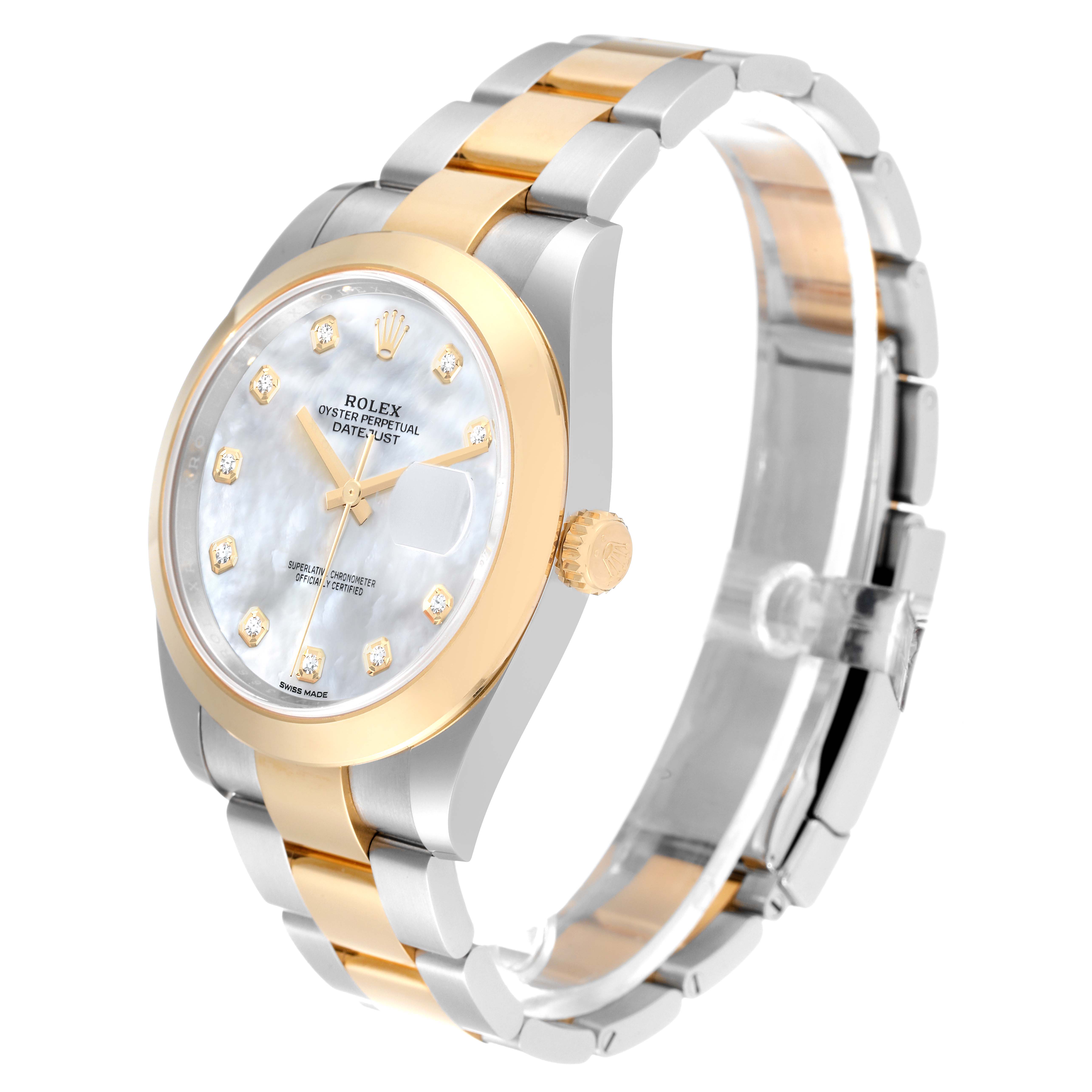 The image shows a Rolex Datejust 41 126303 Men's Steel and Gold (two tone) Mother of Pearl Dial 126303 Men's Steel and Gold (two tone) Mother of Pearl Dial watch at an angled side view, highlighting its gold bezel, crown, dial, and two-tone bracelet.