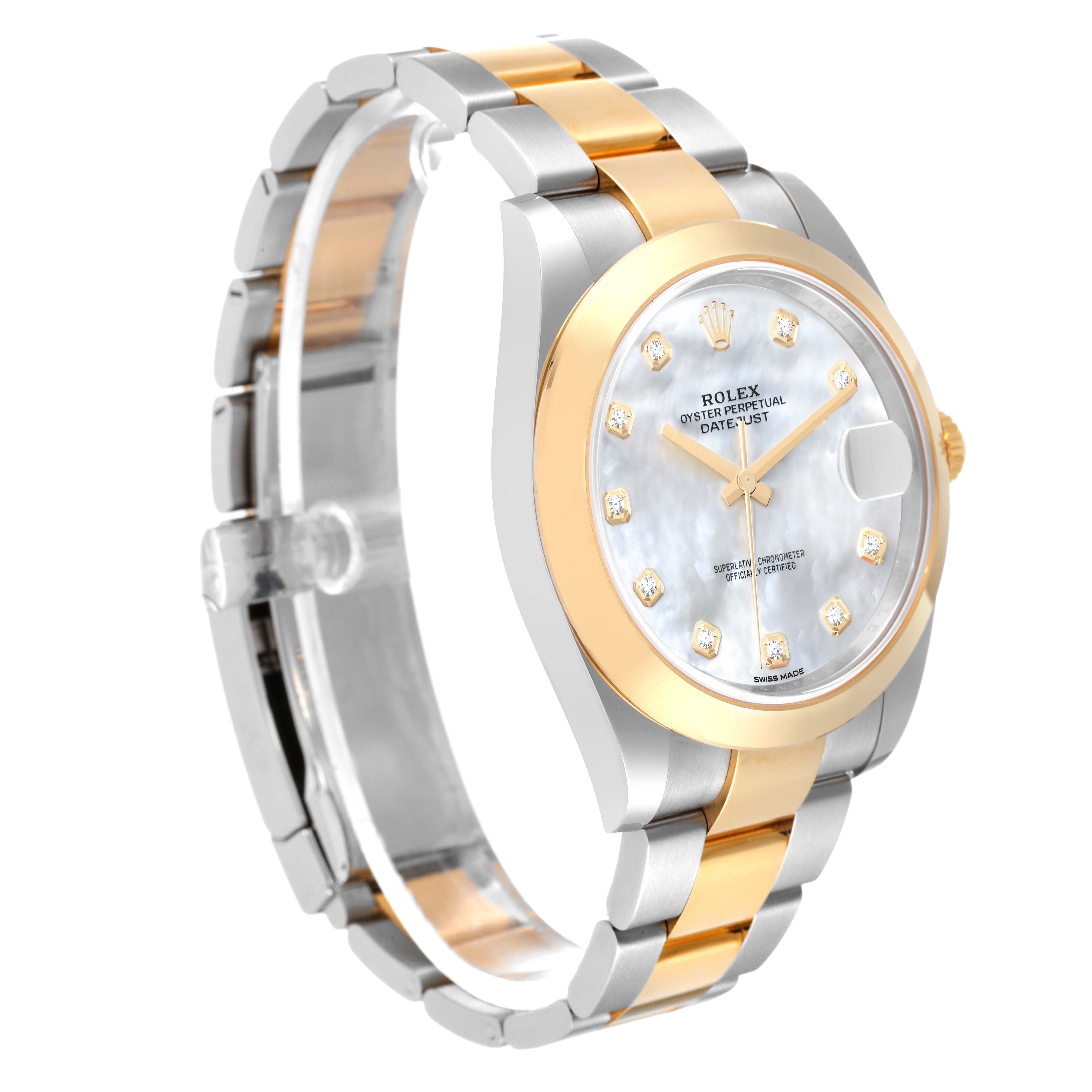 The Rolex Datejust 41 126303 Men's Steel and Gold (two tone) Mother of Pearl Dial 126303 Men's Steel and Gold (two tone) Mother of Pearl Dial watch is shown at a three-quarter angle, highlighting its two-tone bracelet, dial, and date window.