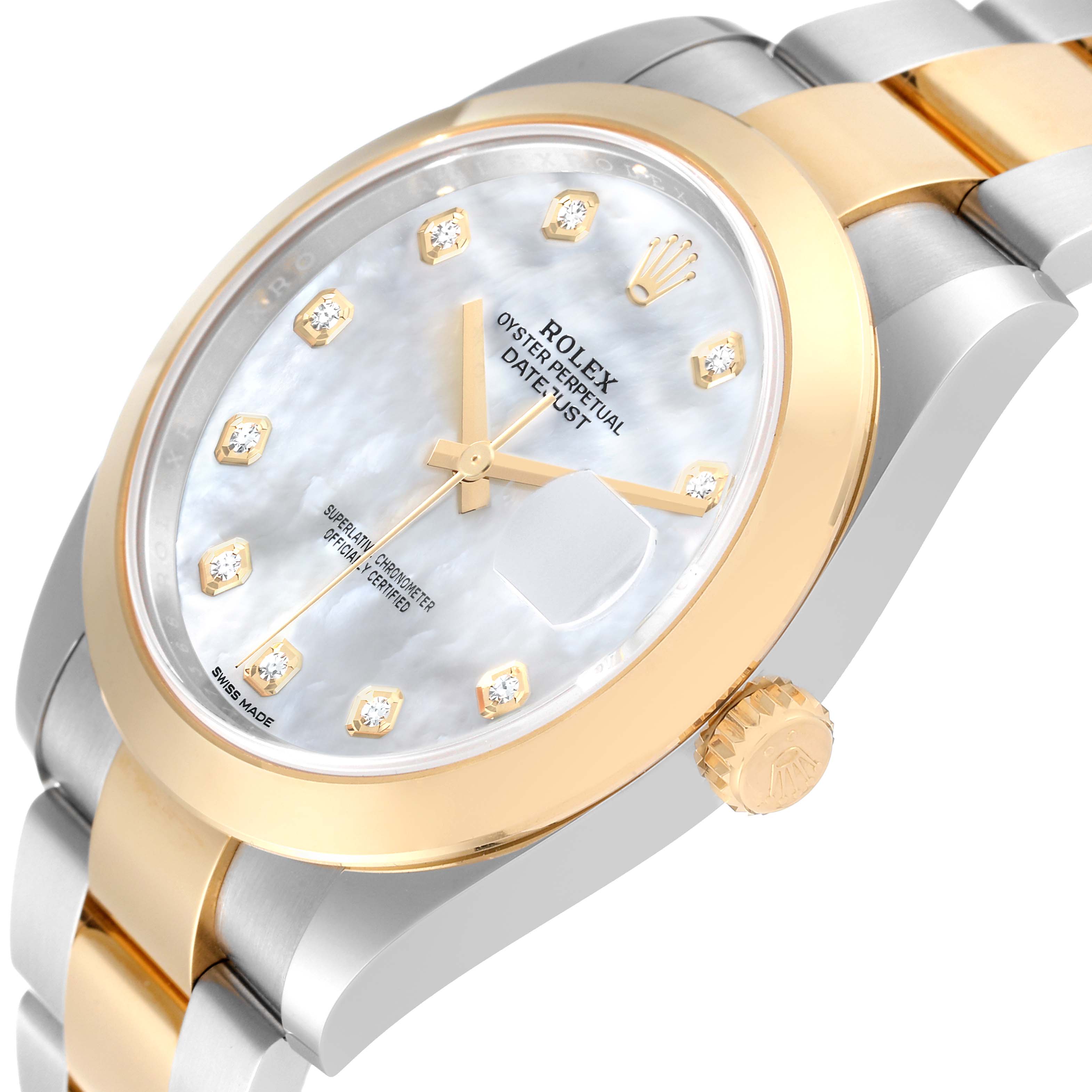 The image shows a close-up angle of a Rolex Datejust 41 126303 Men's Steel and Gold (two tone) Mother of Pearl Dial 126303 Men's Steel and Gold (two tone) Mother of Pearl Dial watch, highlighting its face, crown, and a portion of the bracelet.