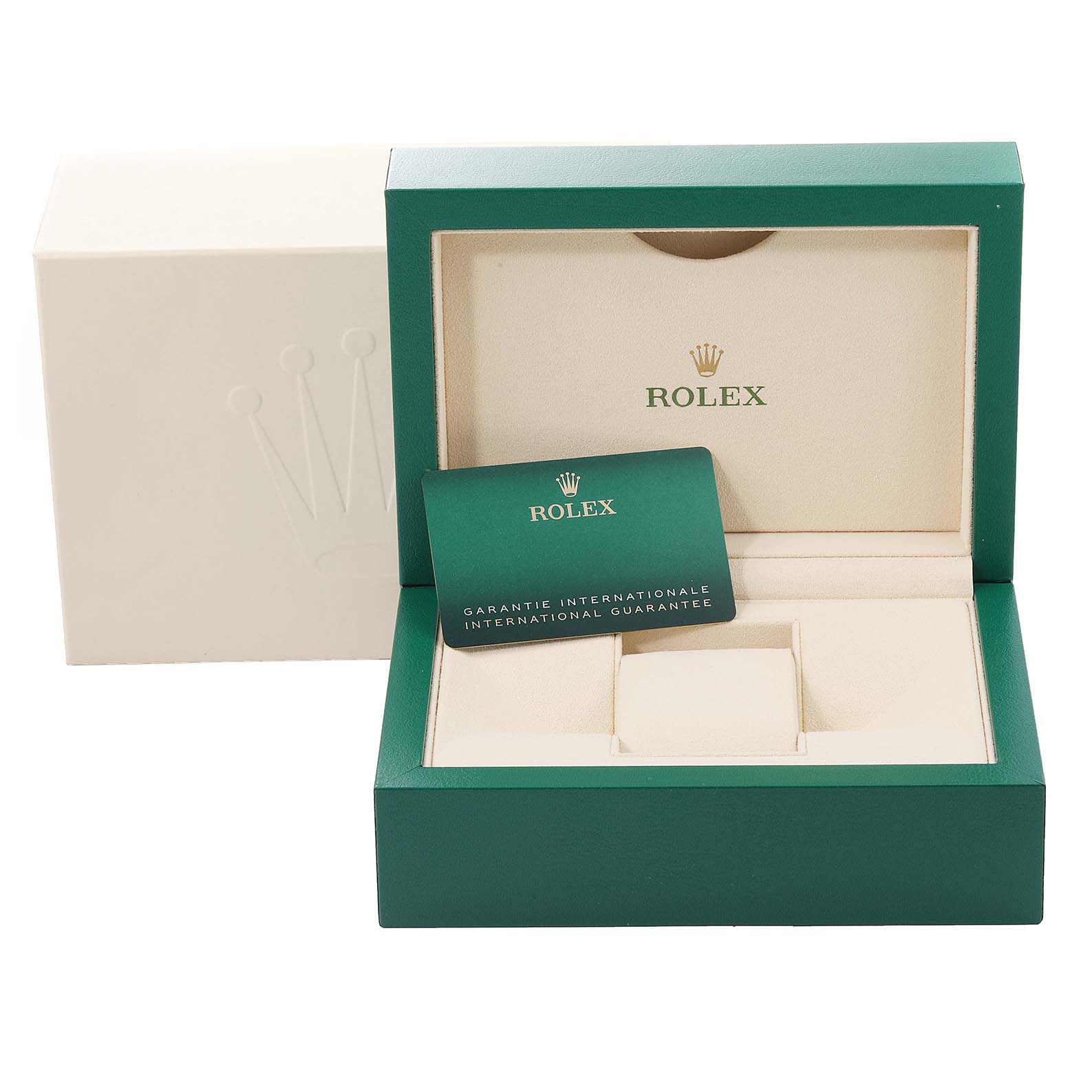 This image shows an open Rolex Datejust 41 126303 Men's Steel and Gold (two tone) Mother of Pearl Dial 126303 Men's Steel and Gold (two tone) Mother of Pearl Dial watch box and international guarantee card, viewed from the front.