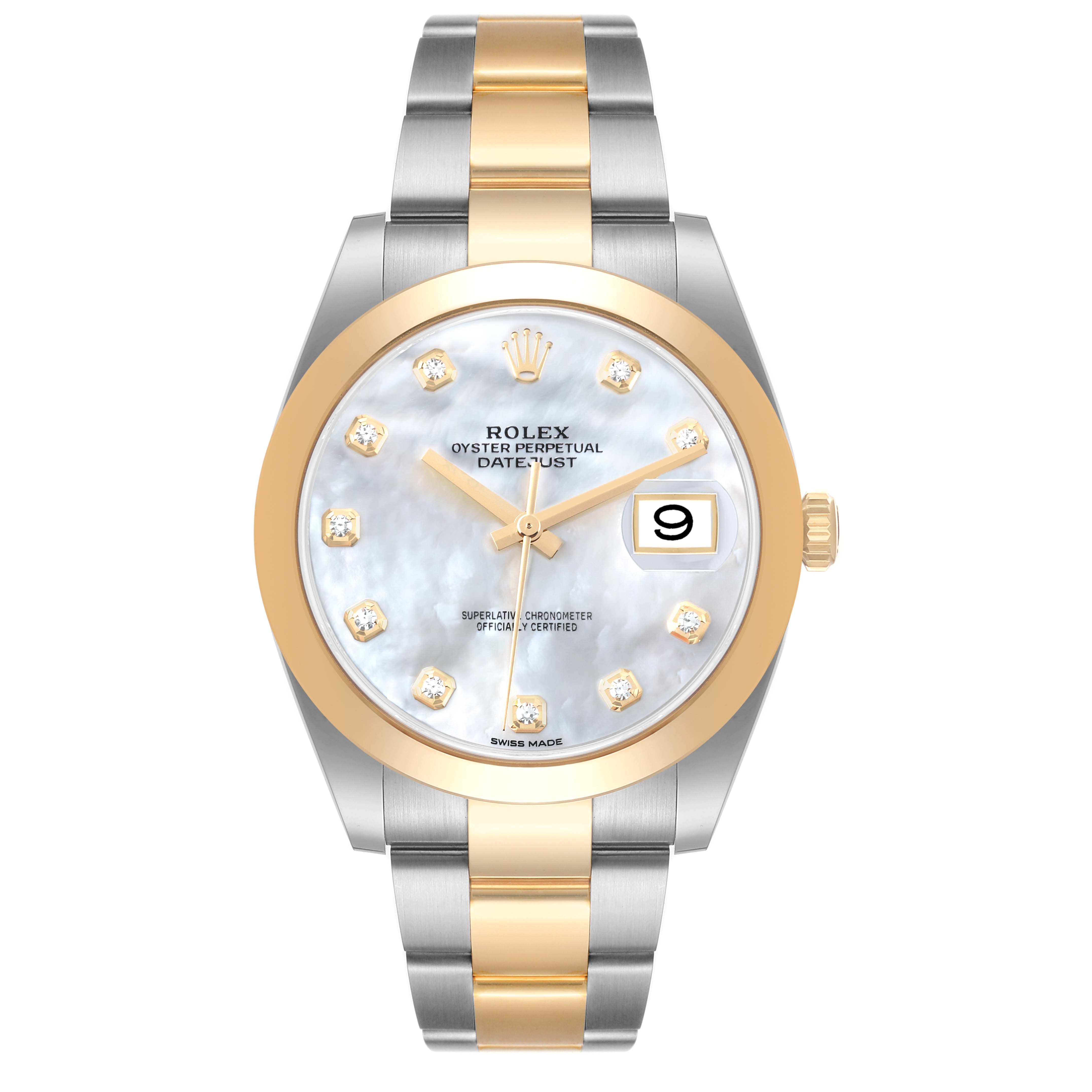 The image shows a front view of the Rolex Datejust 41 126303 Men's Steel and Gold (two tone) Mother of Pearl Dial 126303 Men's Steel and Gold (two tone) Mother of Pearl Dial watch, with a gold and silver bracelet, and a white dial featuring diamond hour markers.