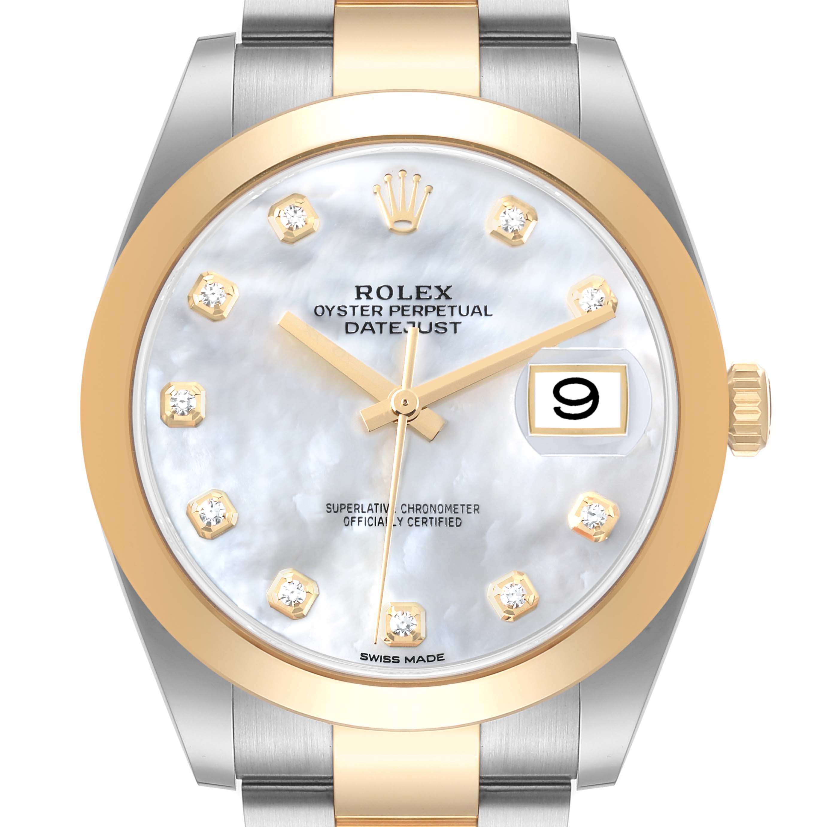The image shows a front view of a Rolex Datejust 41 126303 Men's Steel and Gold (two tone) Mother of Pearl Dial 126303 Men's Steel and Gold (two tone) Mother of Pearl Dial watch, highlighting the face, bezel, and part of the bracelet.