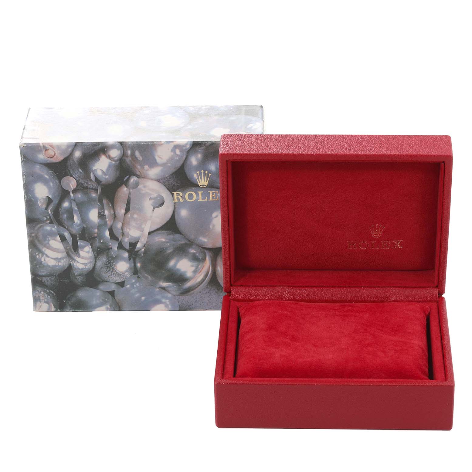 This image shows the open red watch box and outer packaging for a Rolex Datejust 79174 Women's Stainless Steel White Dial 79174 Women's Stainless Steel White Dial model.