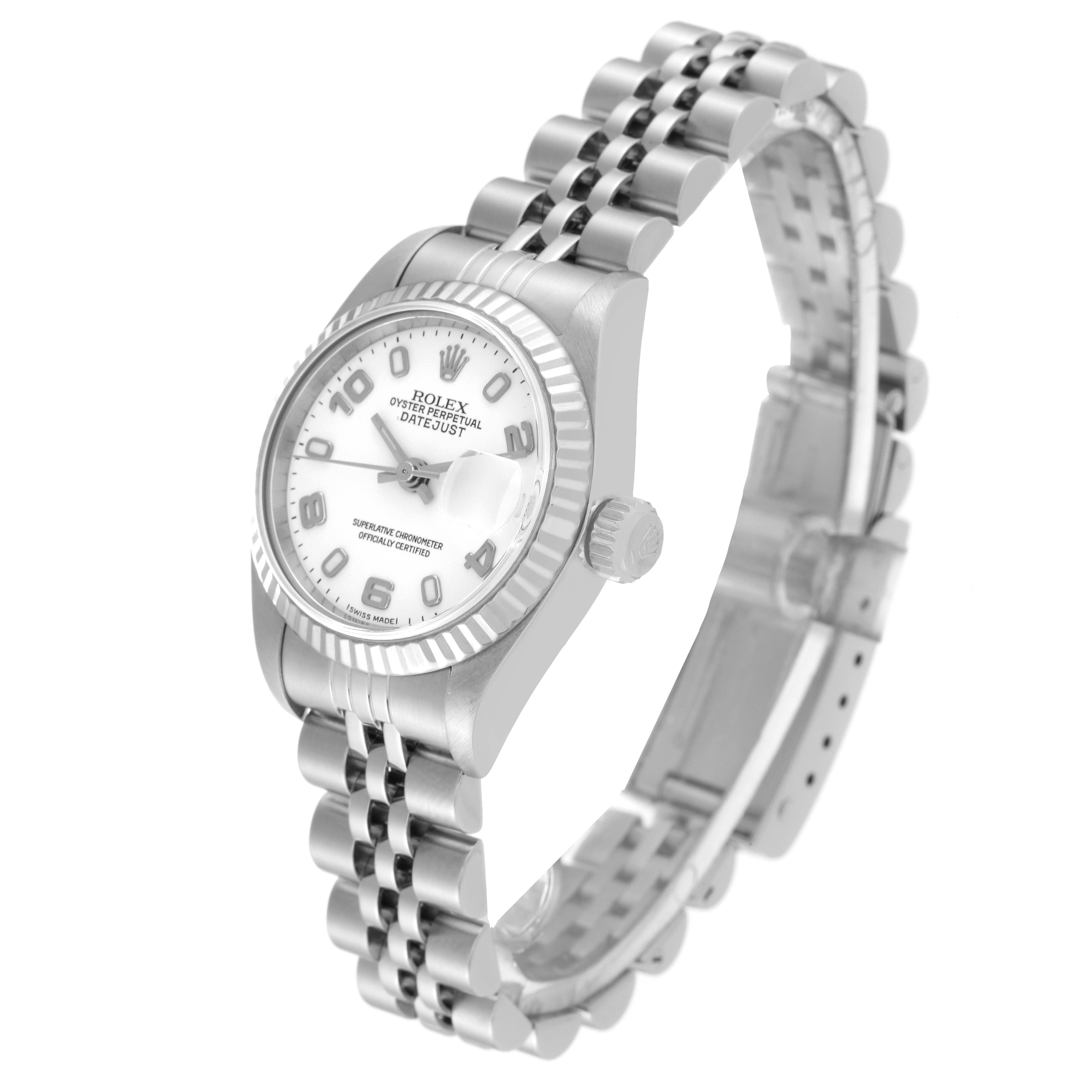 This image shows a Rolex Datejust 79174 Women's Stainless Steel White Dial 79174 Women's Stainless Steel White Dial watch from a three-quarter angle, displaying the dial, bezel, crown, and bracelet.