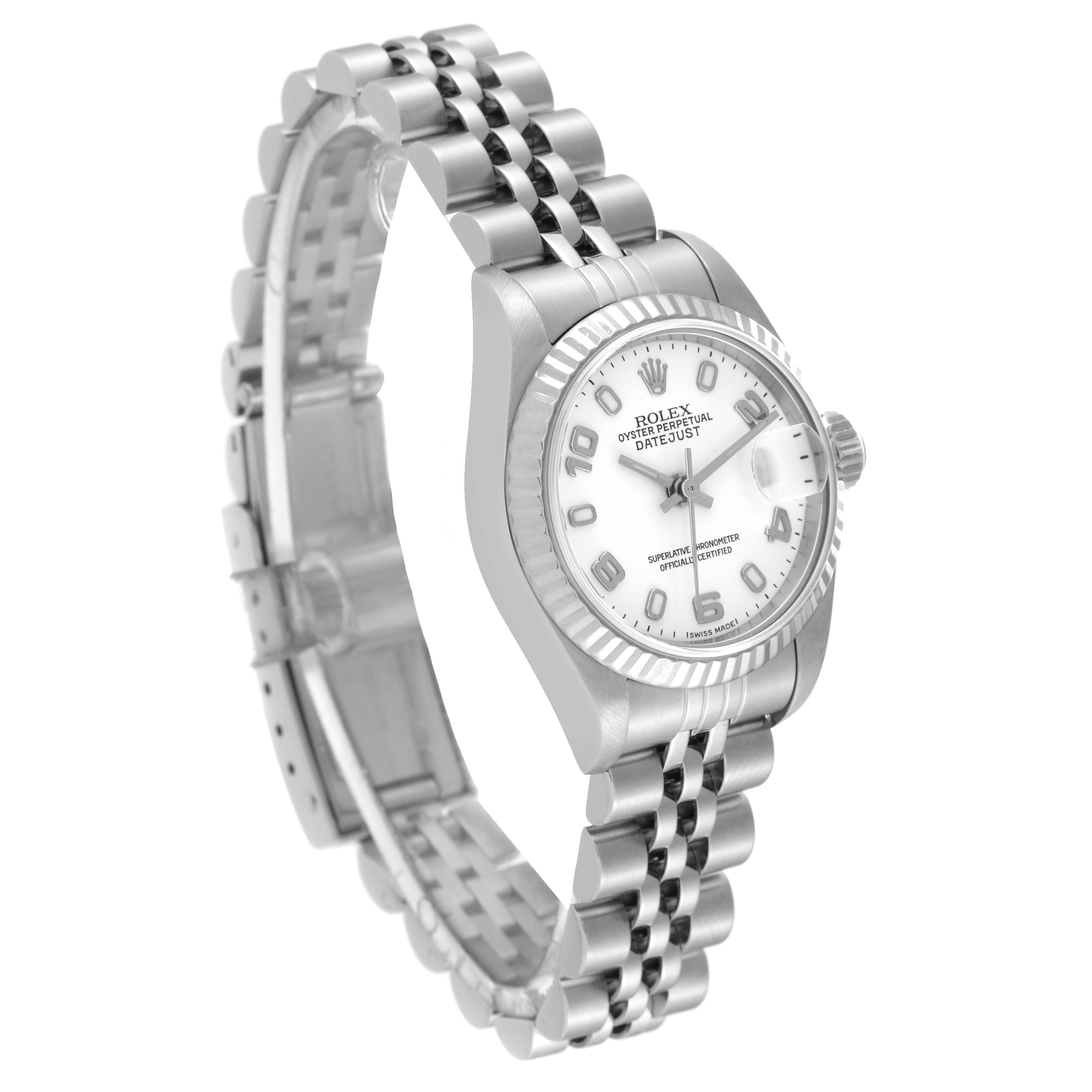 A Rolex Datejust 79174 Women's Stainless Steel White Dial 79174 Women's Stainless Steel White Dial watch is shown at a three-quarter angle, highlighting its dial, bezel, crown, and Jubilee bracelet.