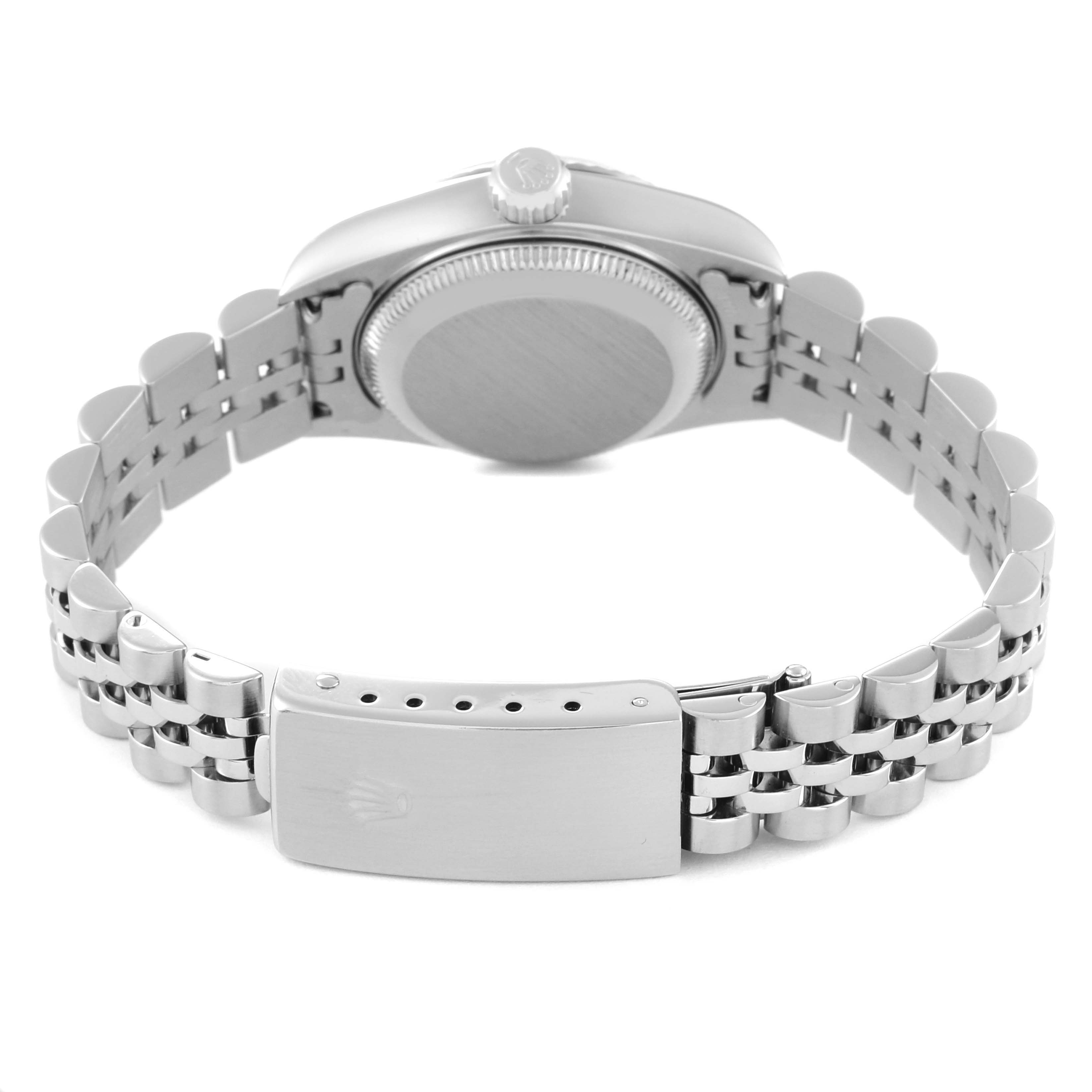 This image shows the back view of the Rolex Datejust 79174 Women's Stainless Steel White Dial 79174 Women's Stainless Steel White Dial watch, highlighting its case back, bracelet, and clasp.