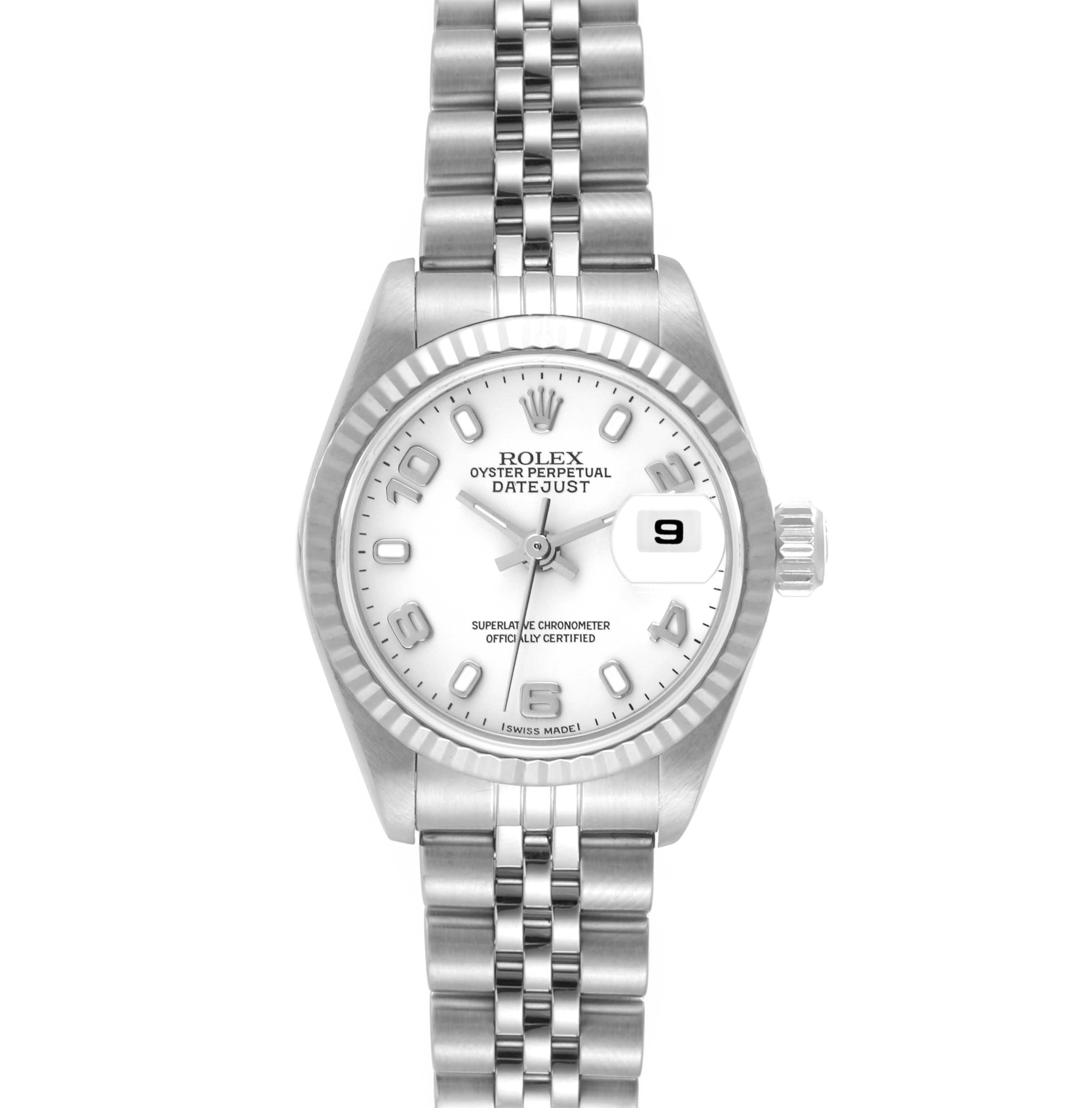 The image shows a front view of the Rolex Datejust 79174 Women's Stainless Steel White Dial 79174 Women's Stainless Steel White Dial watch, displaying its dial, bezel, bracelet, and date window.
