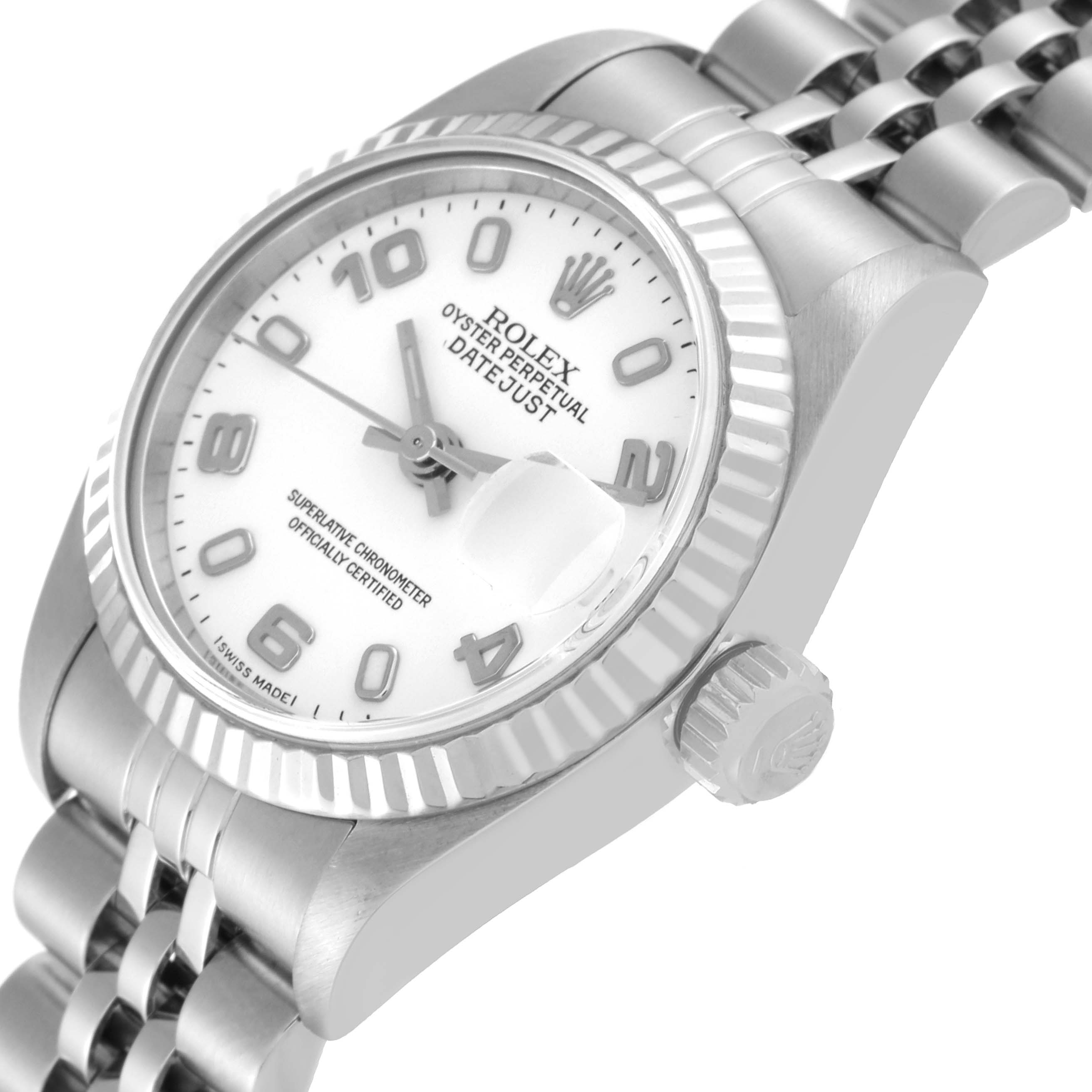 The image shows a close-up angled view of the Rolex Datejust 79174 Women's Stainless Steel White Dial 79174 Women's Stainless Steel White Dial watch, highlighting its dial, bezel, crown, and part of the bracelet.