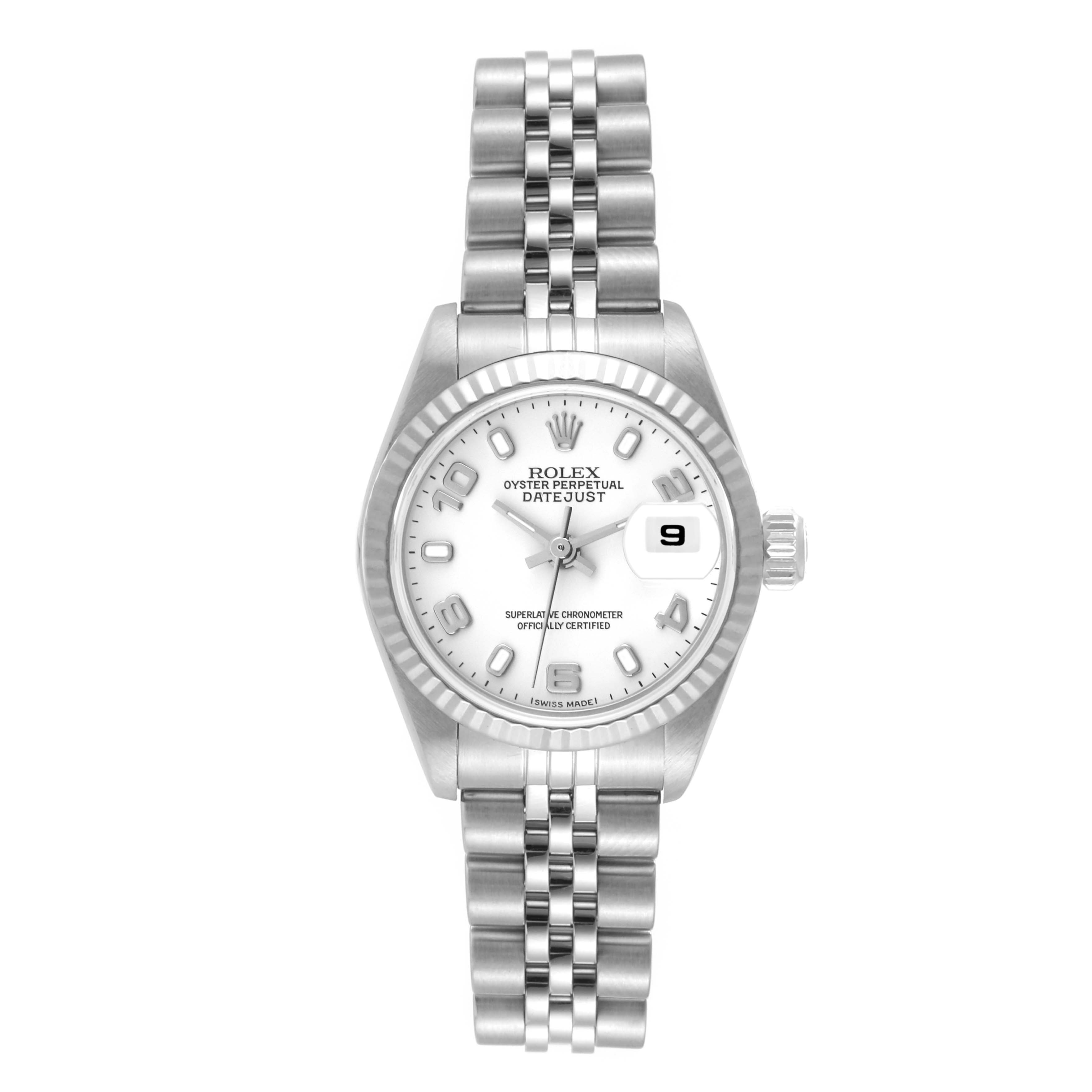 The image shows a front view of a Rolex Datejust 79174 Women's Stainless Steel White Dial 79174 Women's Stainless Steel White Dial watch, displaying the dial, bezel, case, crown, and bracelet.
