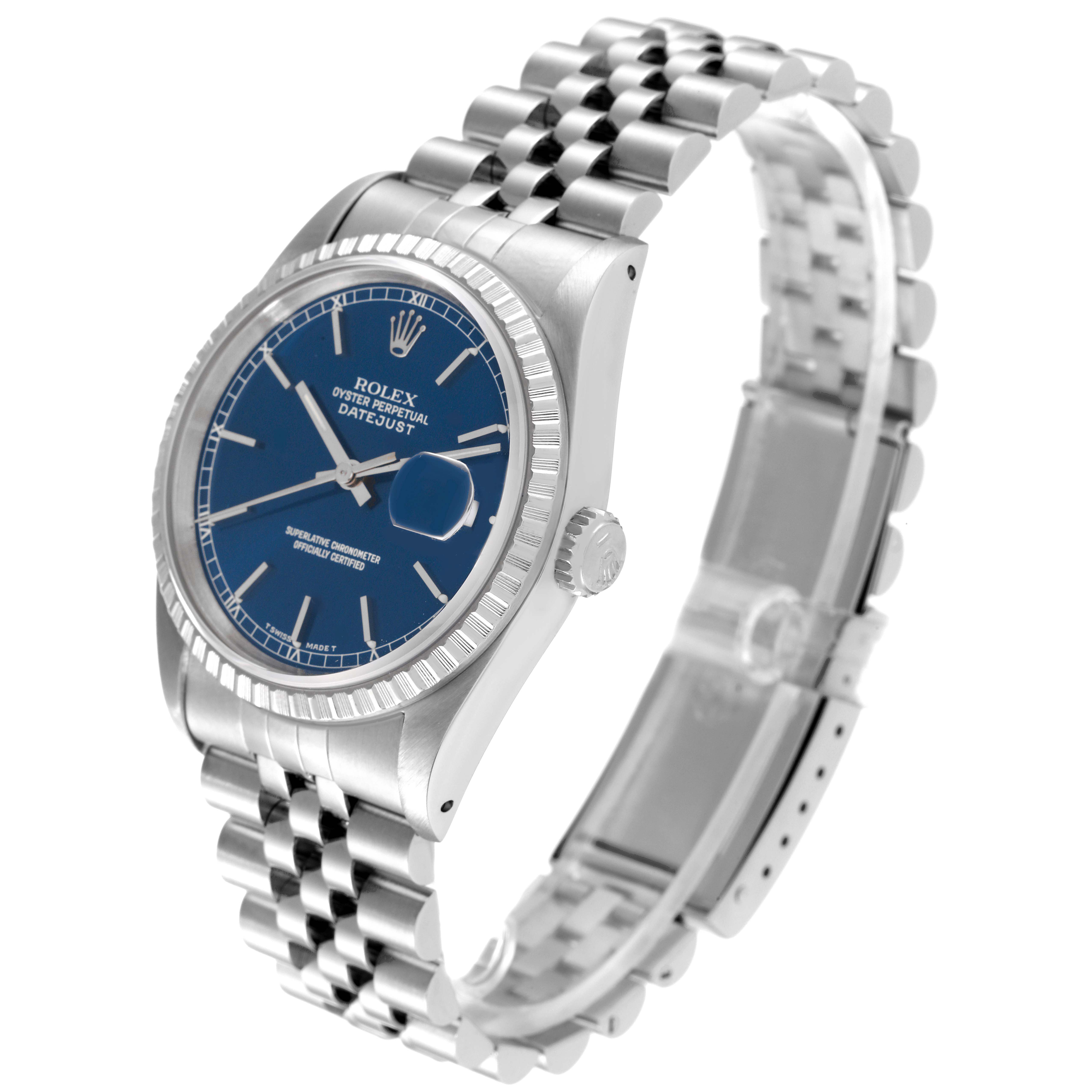 The Rolex Datejust 16220 Men's Stainless Steel Blue Dial 16220 Men's Stainless Steel Blue Dial watch is shown at a slight angle, displaying the face, bezel, crown, and bracelet.