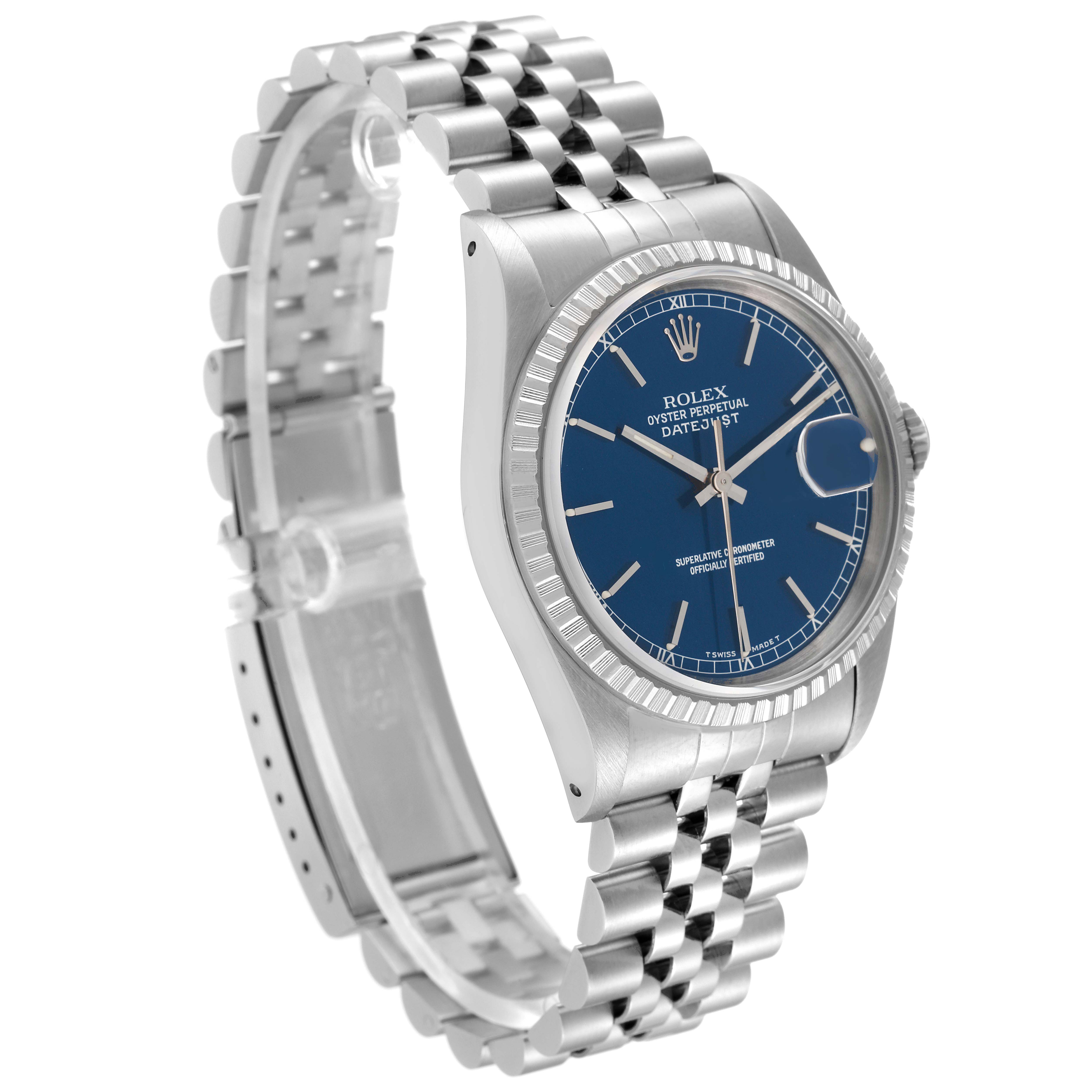 The image shows a Rolex Datejust 16220 Men's Stainless Steel Blue Dial 16220 Men's Stainless Steel Blue Dial watch at a three-quarter angle, highlighting its blue dial, fluted bezel, and Jubilee bracelet.