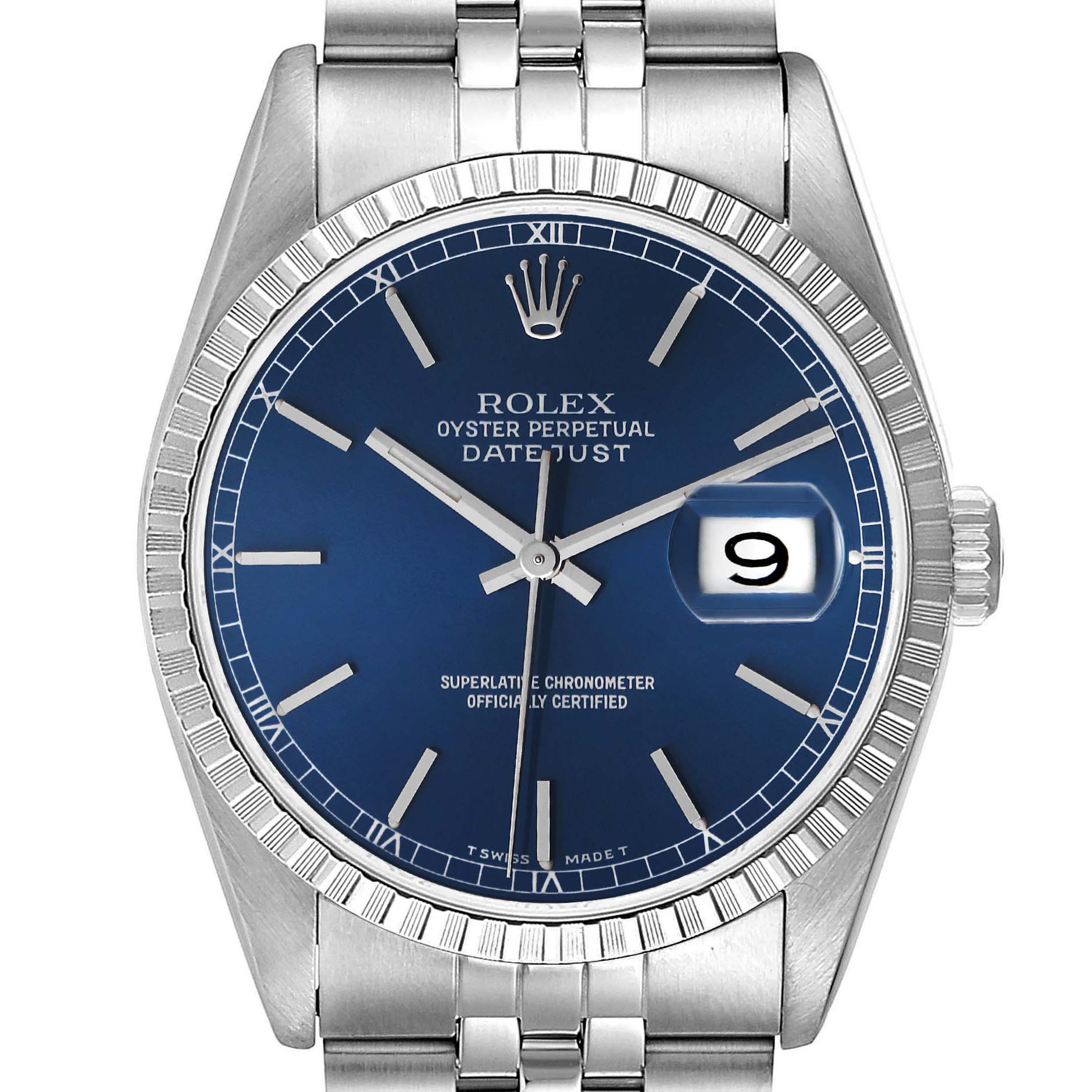 The image shows a frontal view of the Rolex Datejust 16220 Men's Stainless Steel Blue Dial 16220 Men's Stainless Steel Blue Dial watch, highlighting its blue dial, stainless steel bezel, and Jubilee bracelet.