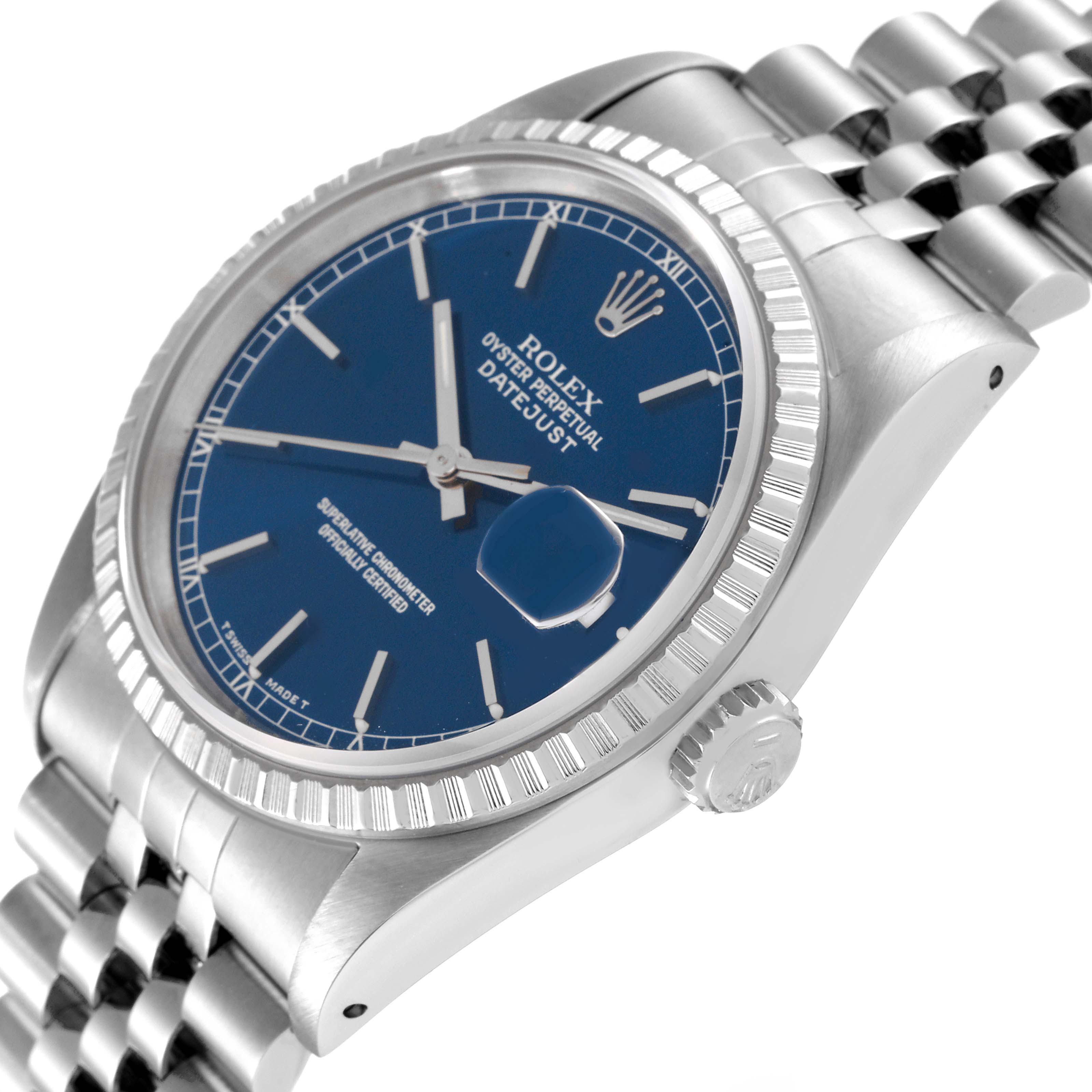 The image shows a Rolex Datejust 16220 Men's Stainless Steel Blue Dial 16220 Men's Stainless Steel Blue Dial watch from a side angle, highlighting the blue dial, bezel, crown, and part of the bracelet.